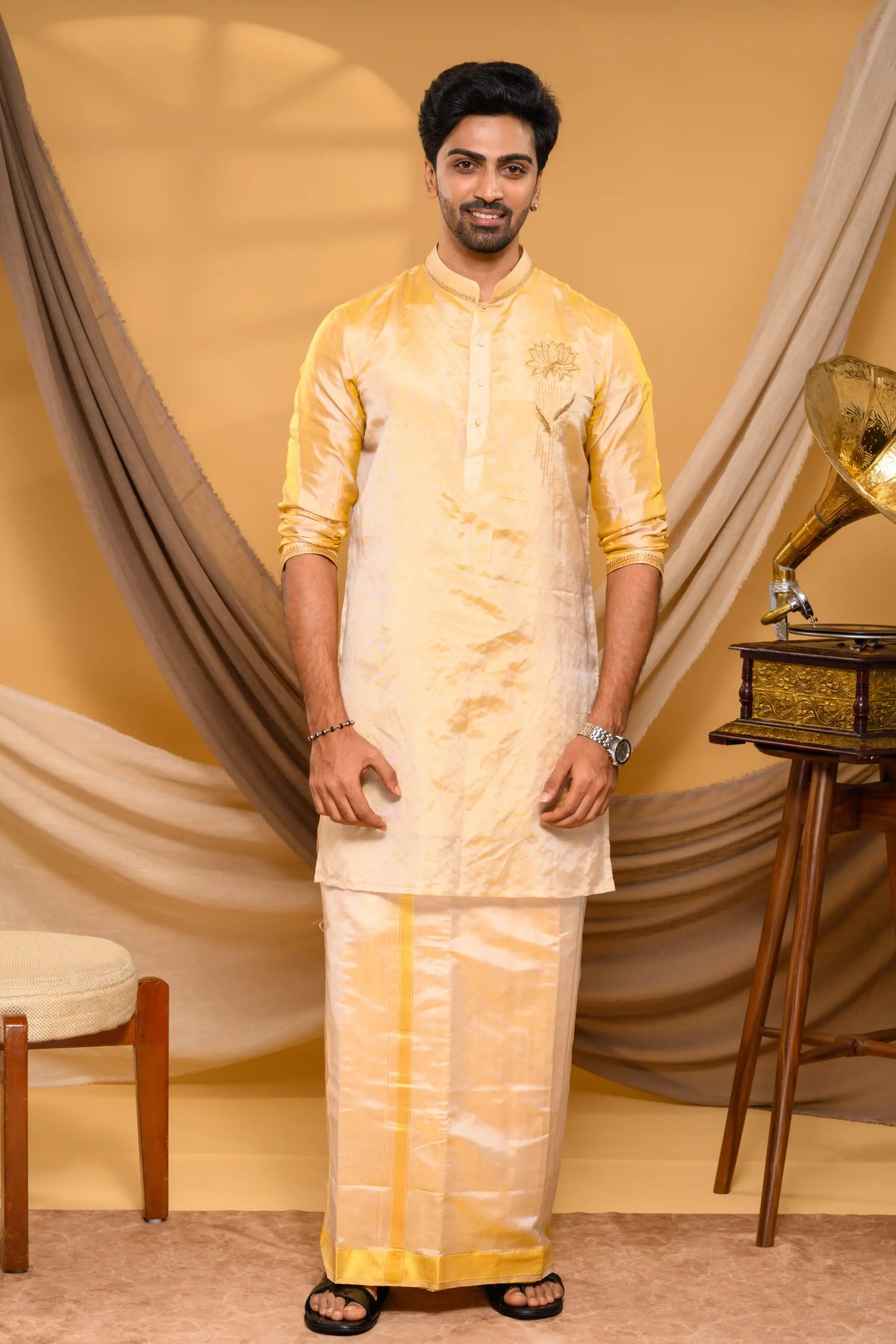 Golden Tissue Silk Kurta with Lotus Motif on Chest (Kurta + Munde + Melmunde)