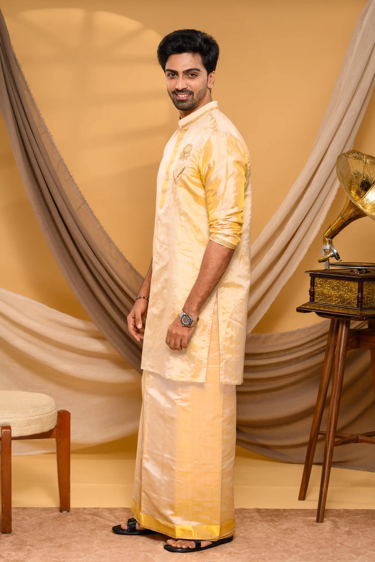 Golden Tissue Silk Kurta with Lotus Motif on Chest (Kurta + Munde + Melmunde)