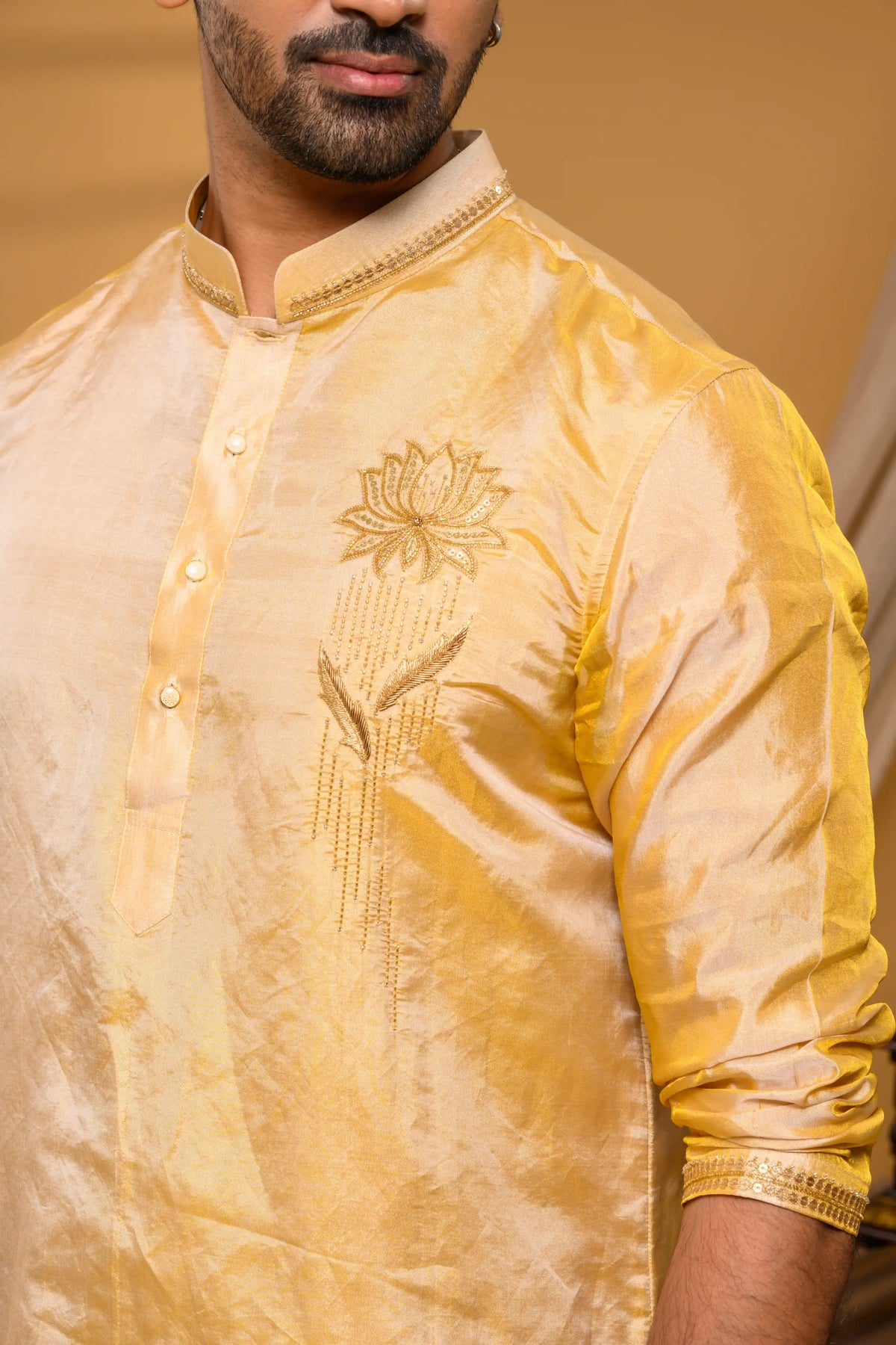 Golden Tissue Silk Kurta with Lotus Motif on Chest (Kurta + Munde + Melmunde)