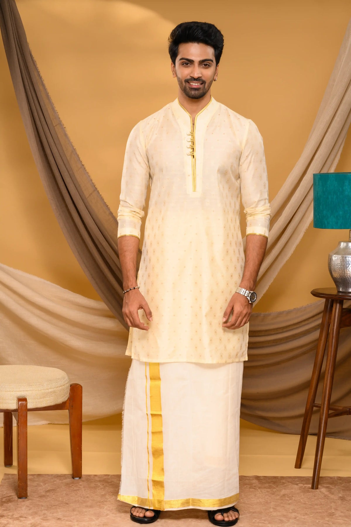 Shawl Collar Light Golden Silk Kurta with golden buta design (Kurta + Munde)