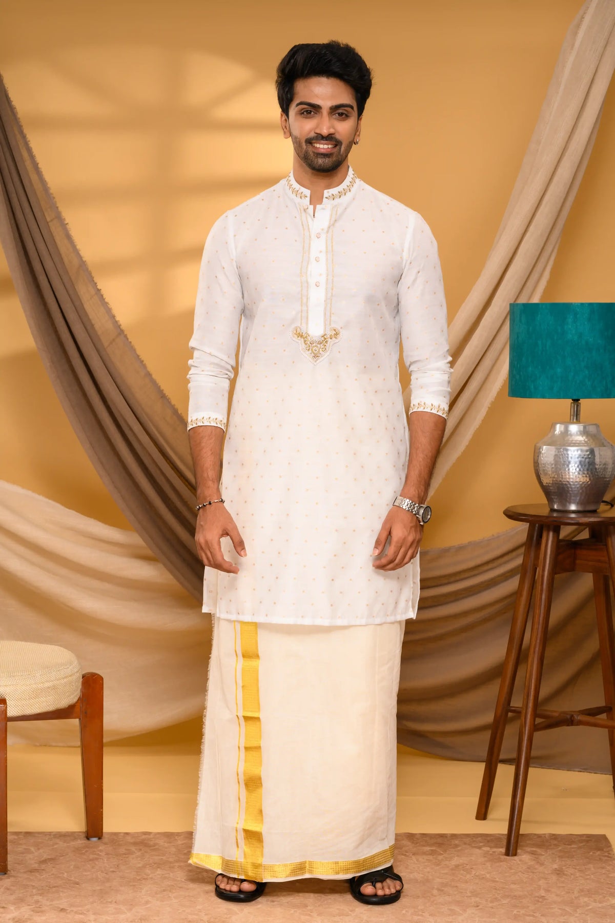 Ivory Shade Silk Kurta with floral buta hand work detailing (Kurta + Munde)