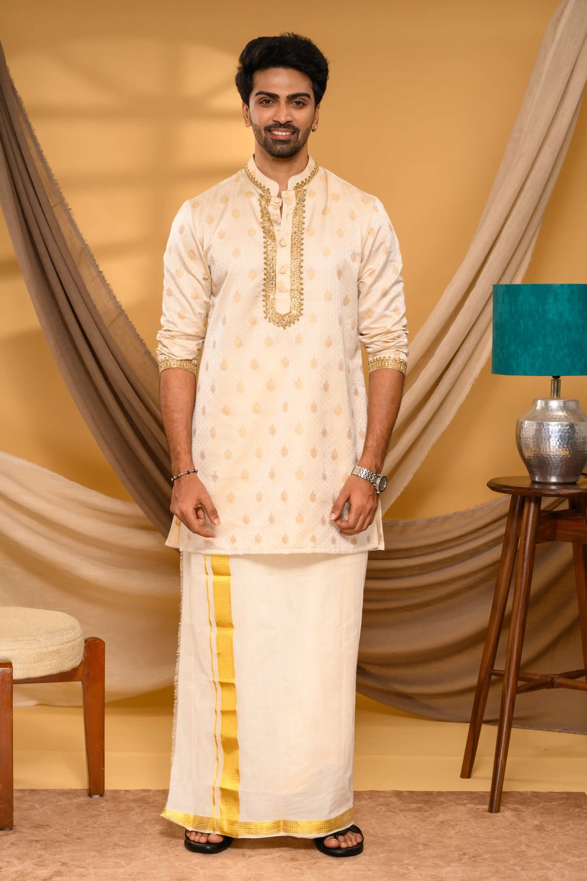 Light Golden Heavy Brocade Silk Kurta with Hand Embroidery Detailing (Kurta + Munde + Melmunde)