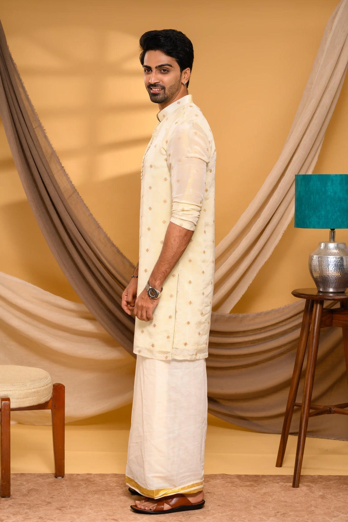 Light Golden Tissue Silk Kurta with Buta detailing (Kurta + Munde + Melmunde)