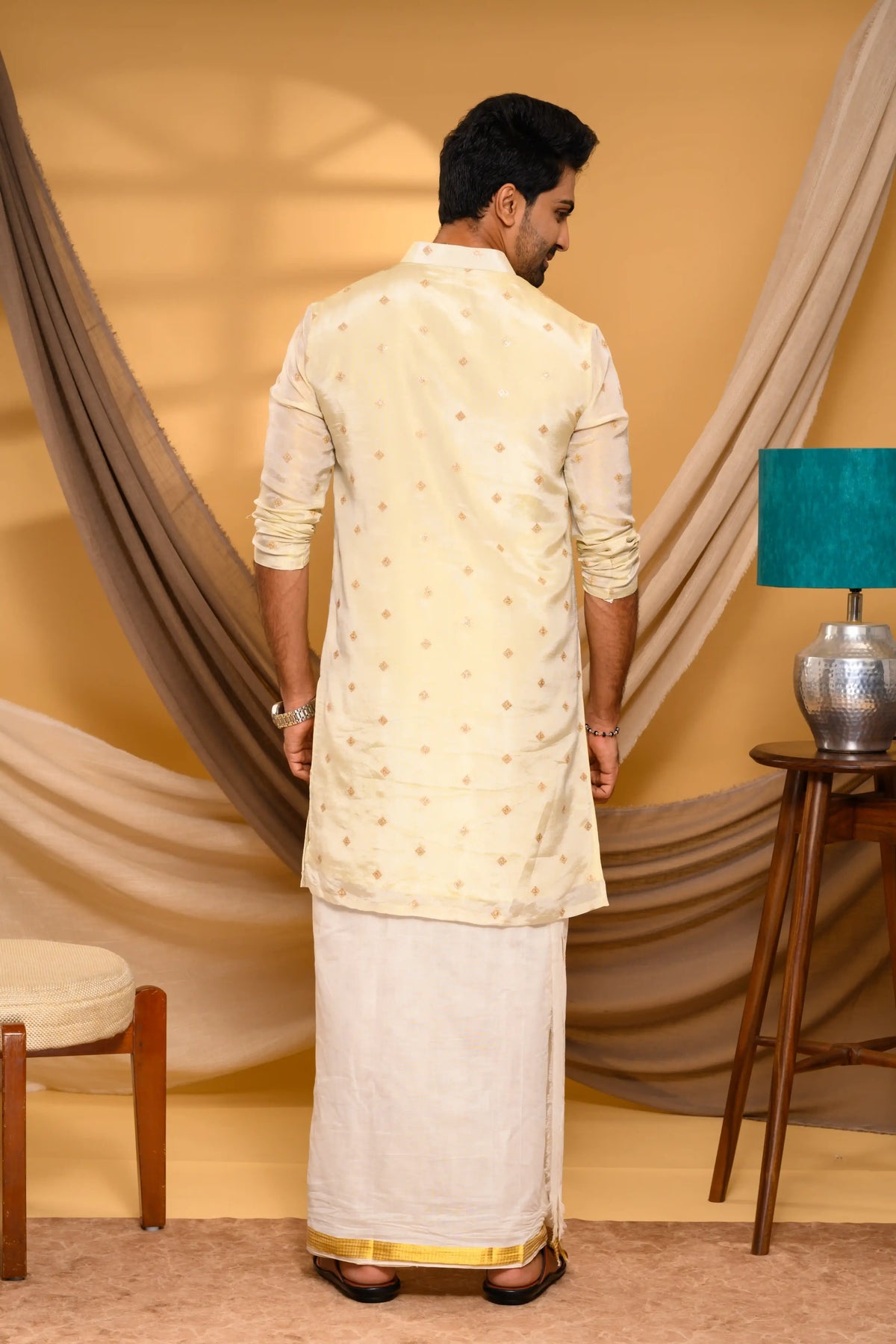 Light Golden Tissue Silk Kurta with Buta detailing (Kurta + Munde + Melmunde)