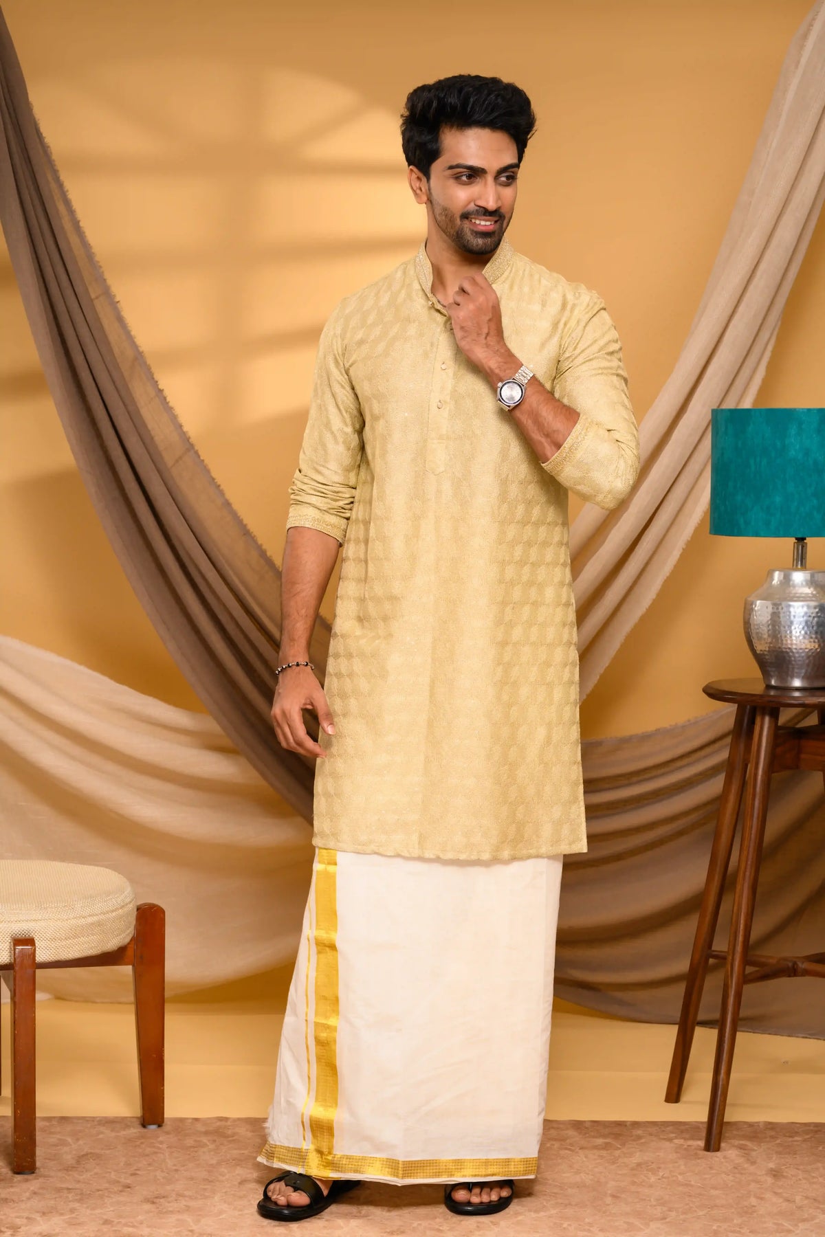 Golden Silk Kurta with all over Surface Embroidery & Neck/Sleeve Zari Detailing (Kurta Only)