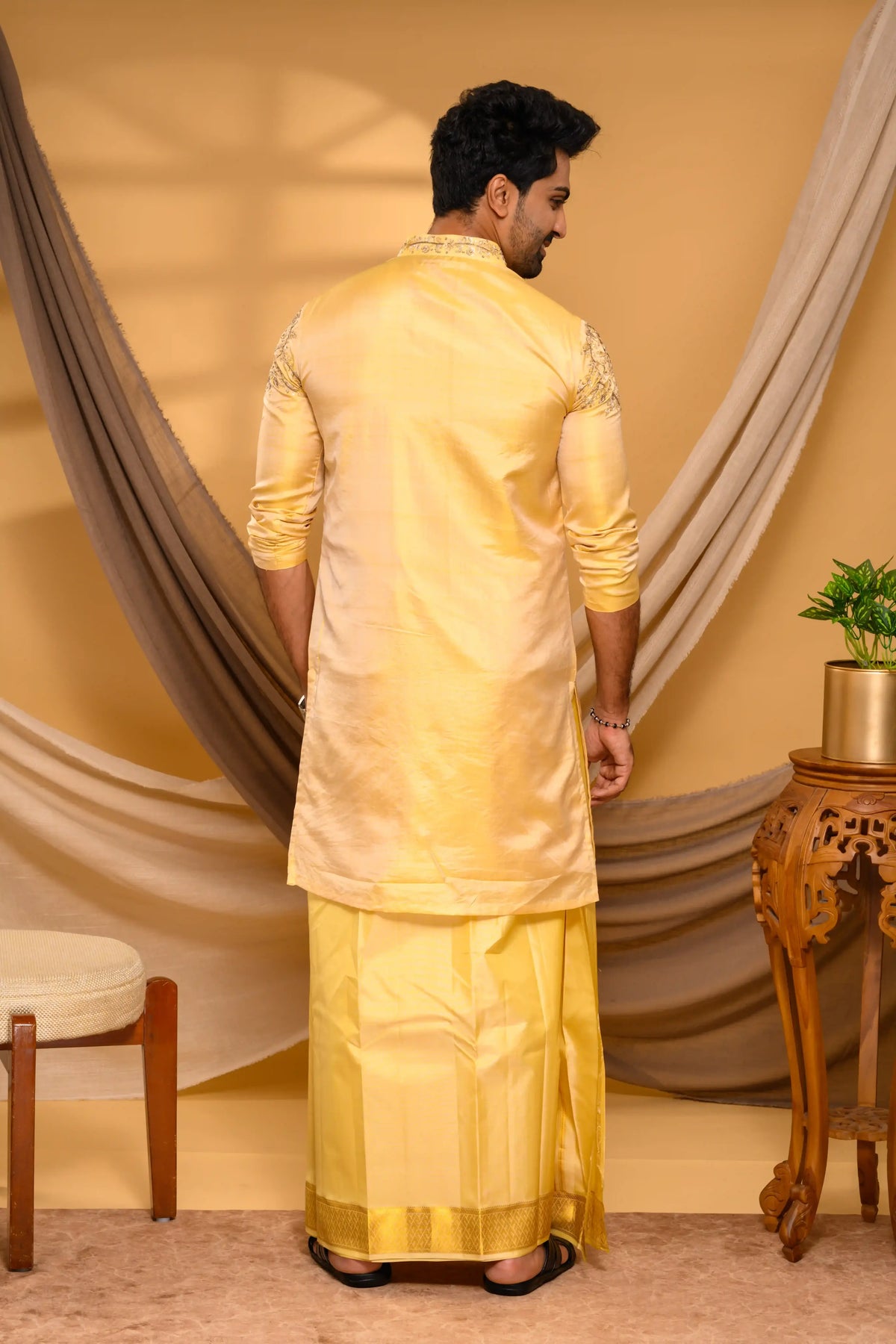 Golden Pure Silk Kurta with Heavy Floral Handwork Detailing on Shoulders, Sleeves & Neck (Kurta Only)