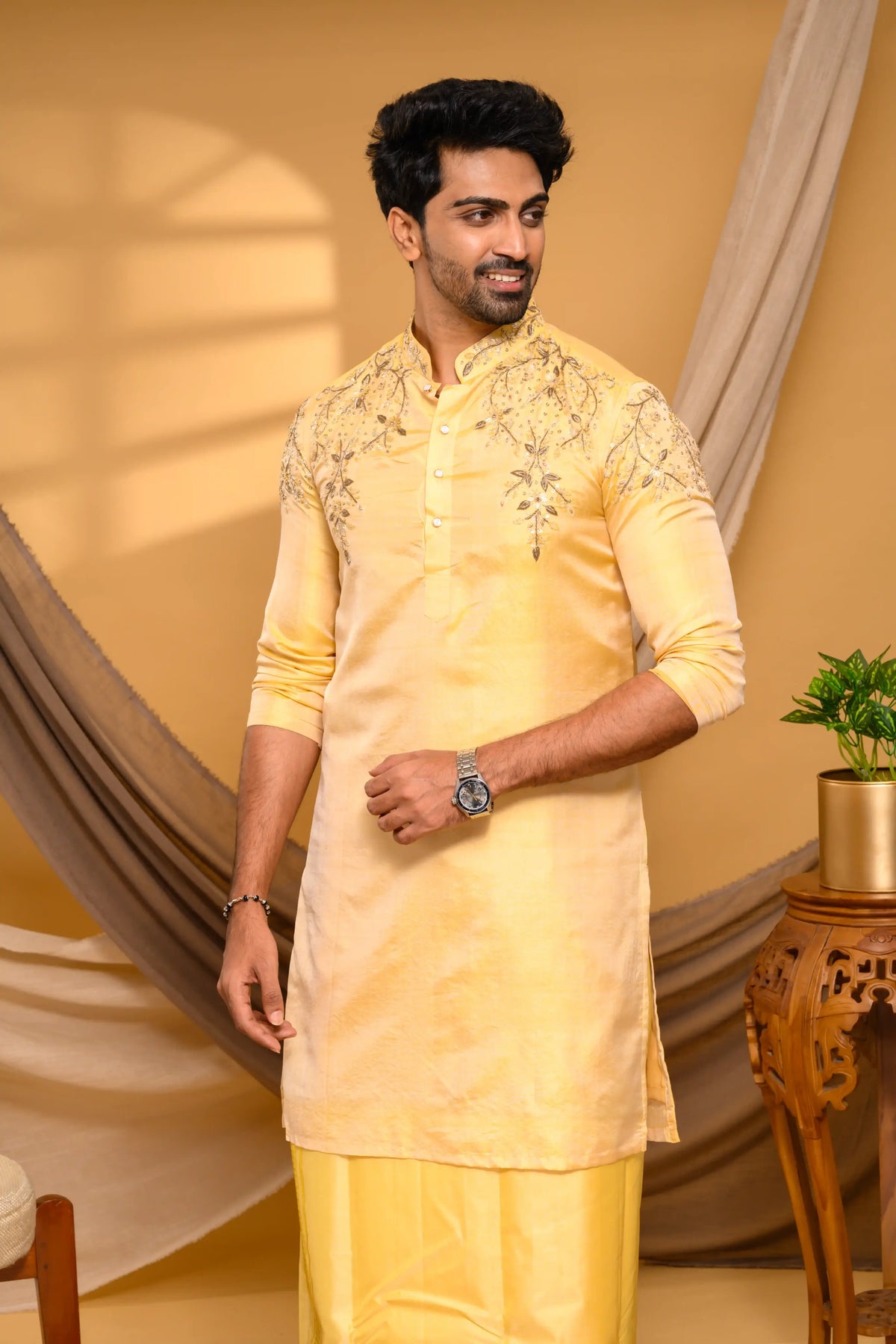 Golden Pure Silk Kurta with Heavy Floral Handwork Detailing on Shoulders, Sleeves & Neck (Kurta + Munde + Melmunde)