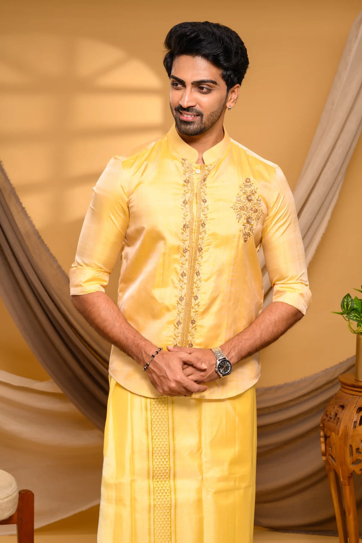 Golden Pure Silk Shirt with Heavy Floral Handwork Detailing on Chest & Concealed Placket (Shirt Only )