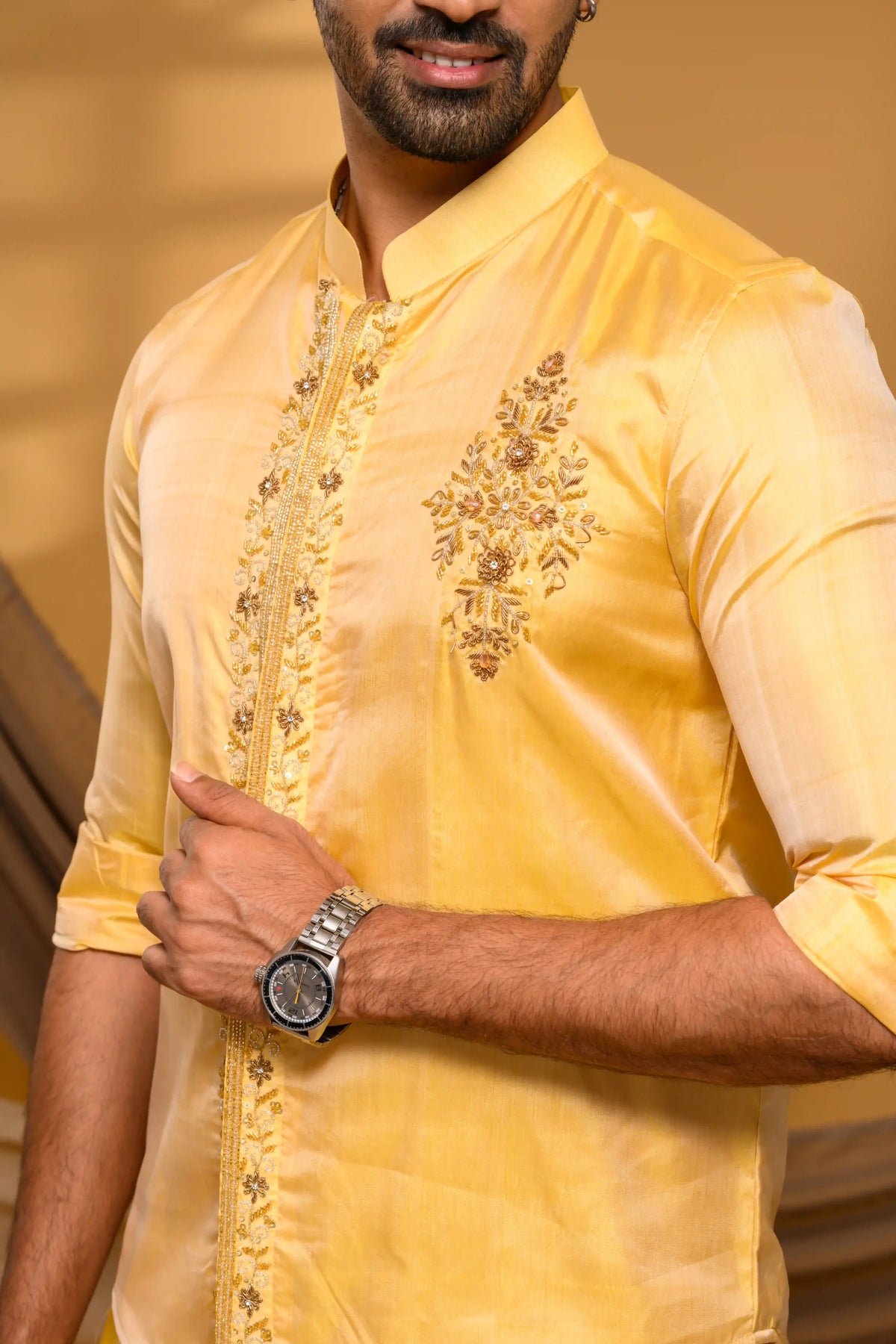 Golden Pure Silk Shirt with Heavy Floral Handwork Detailing on Chest & Concealed Placket (Shirt + Munde)