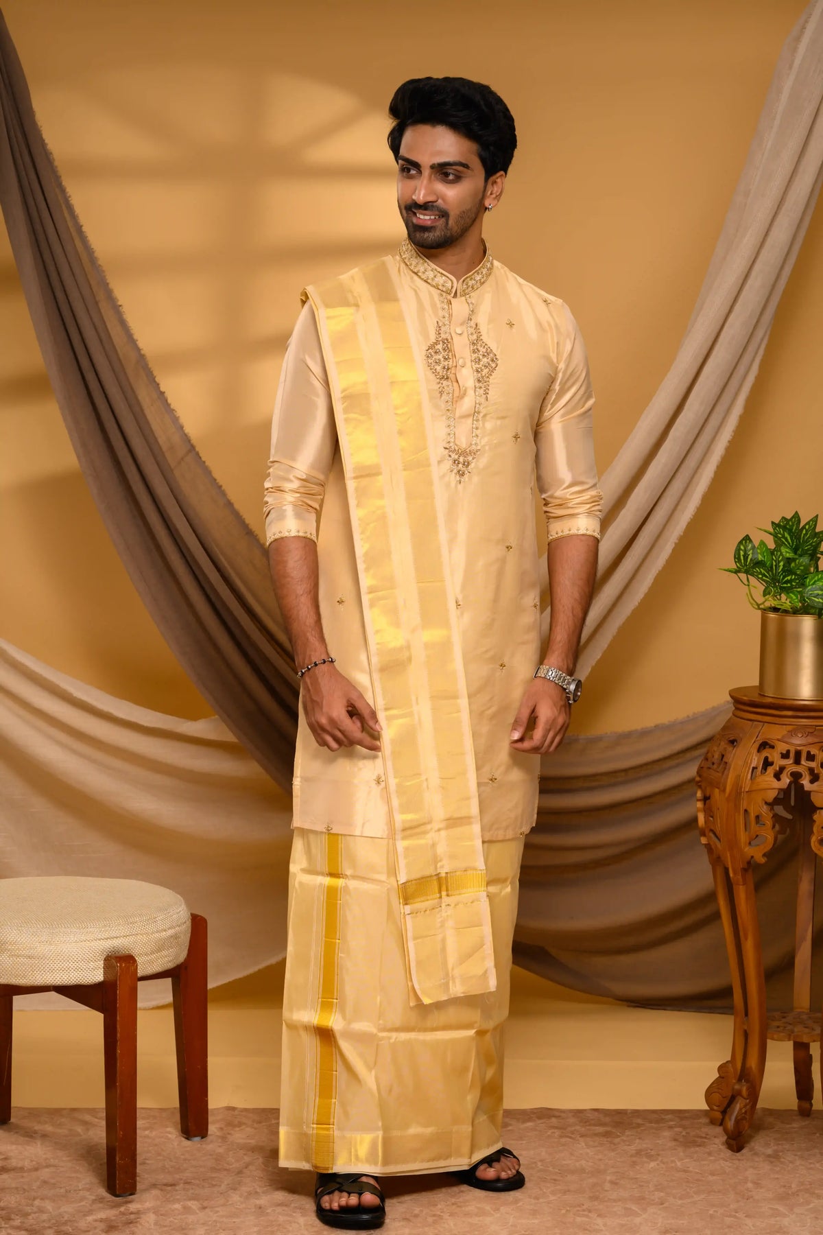 Light Golden Pure Silk Kurta with Heavy Floral Handwork Detailing on Neck, placket & sleeve edge (Kurta + Munde + Melmunde)