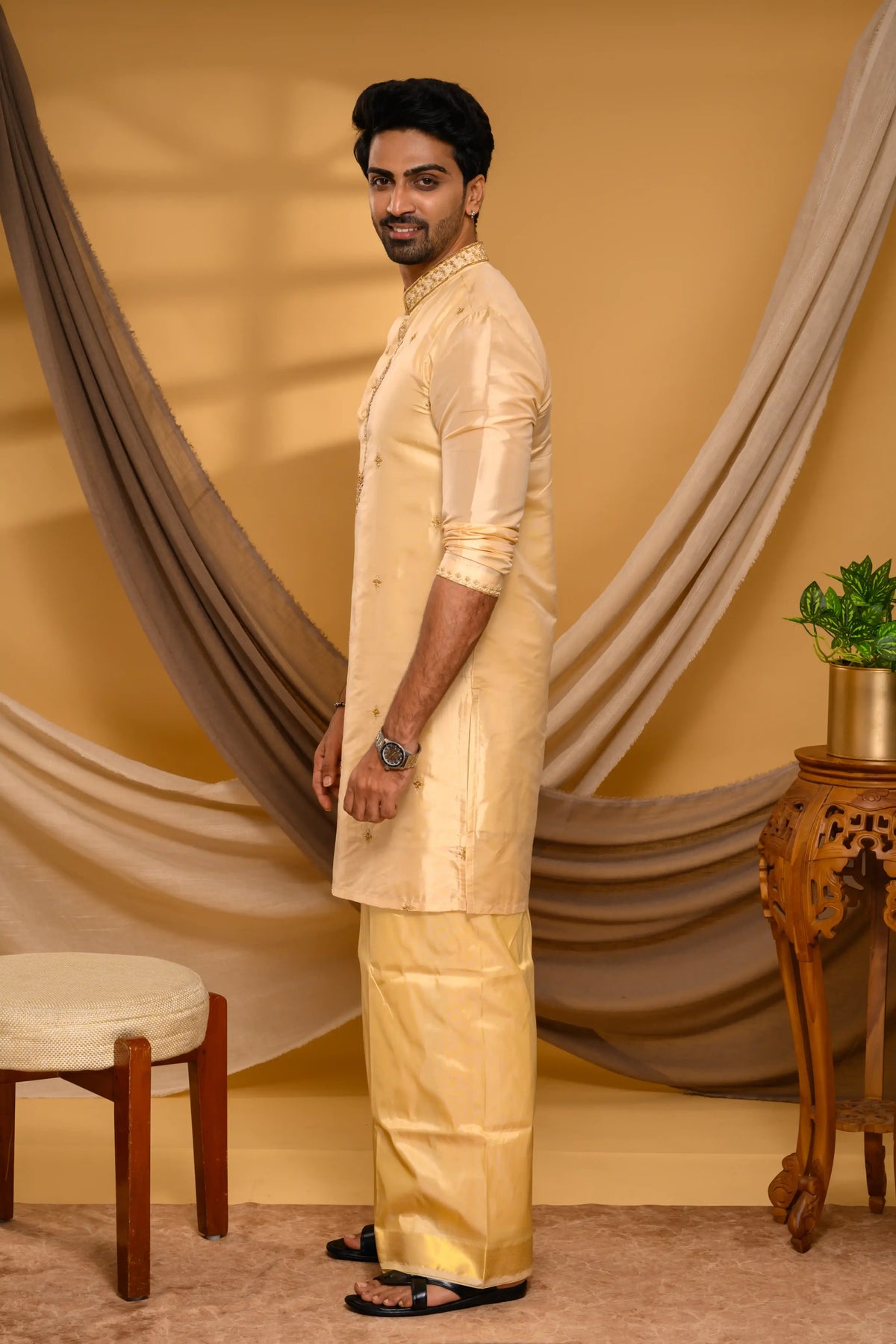 Light Golden Pure Silk Kurta with Heavy Floral Handwork Detailing on Neck, placket & sleeve edge (Kurta + Munde + Melmunde)