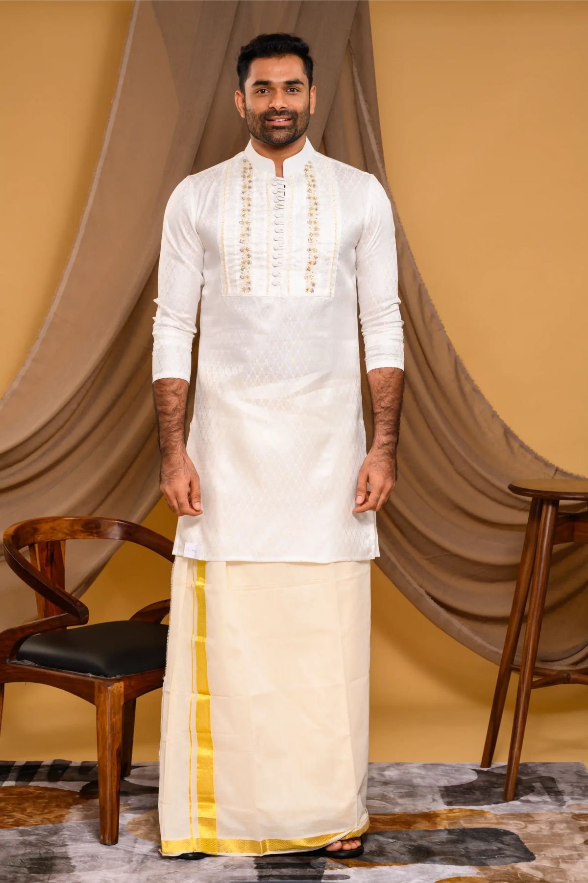 Ivory Silk Brocade Kurta with Heavy Golden Handwork detailing on wide Placket Border (Kurta + Munde)