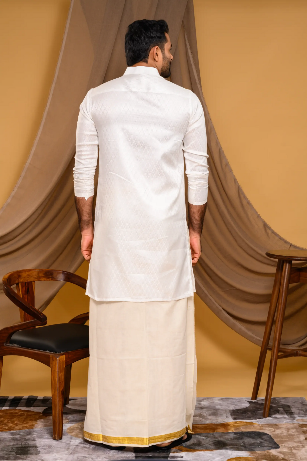 Ivory Silk Brocade Kurta with Heavy Golden Handwork detailing on wide Placket Border (Kurta + Munde)