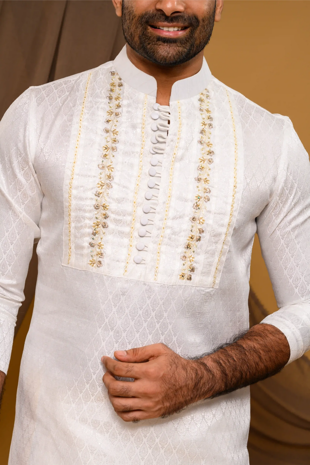 Ivory Silk Brocade Kurta with Heavy Golden Handwork detailing on wide Placket Border (Kurta + Munde)