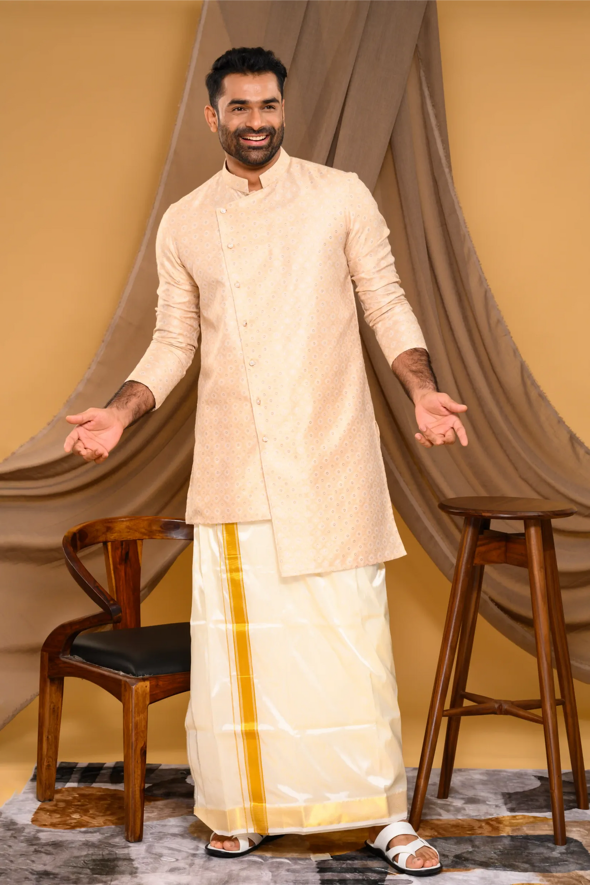 Light Champagne Golden Side Open Asymmetrical Brocade Kurta (Kurta + Munde)