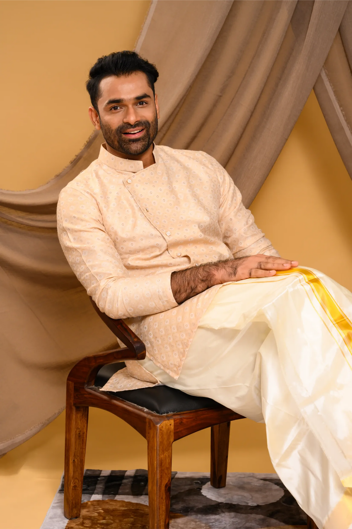 Light Champagne Golden Side Open Asymmetrical Brocade Kurta (Kurta Only)