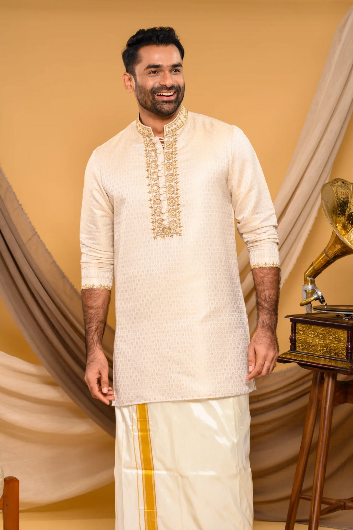 Oatmeal golden Silk Brocade Kurta with Heavy Golden Handwork detailing on neck, placket border & sleeve edge (Kurta + Munde + Melmunde)