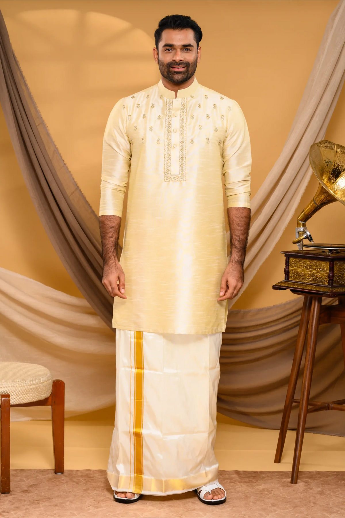 Light Golden Silk Kurta with Golden Handwork detailing on placket border & Chest (Kurta + Munde)