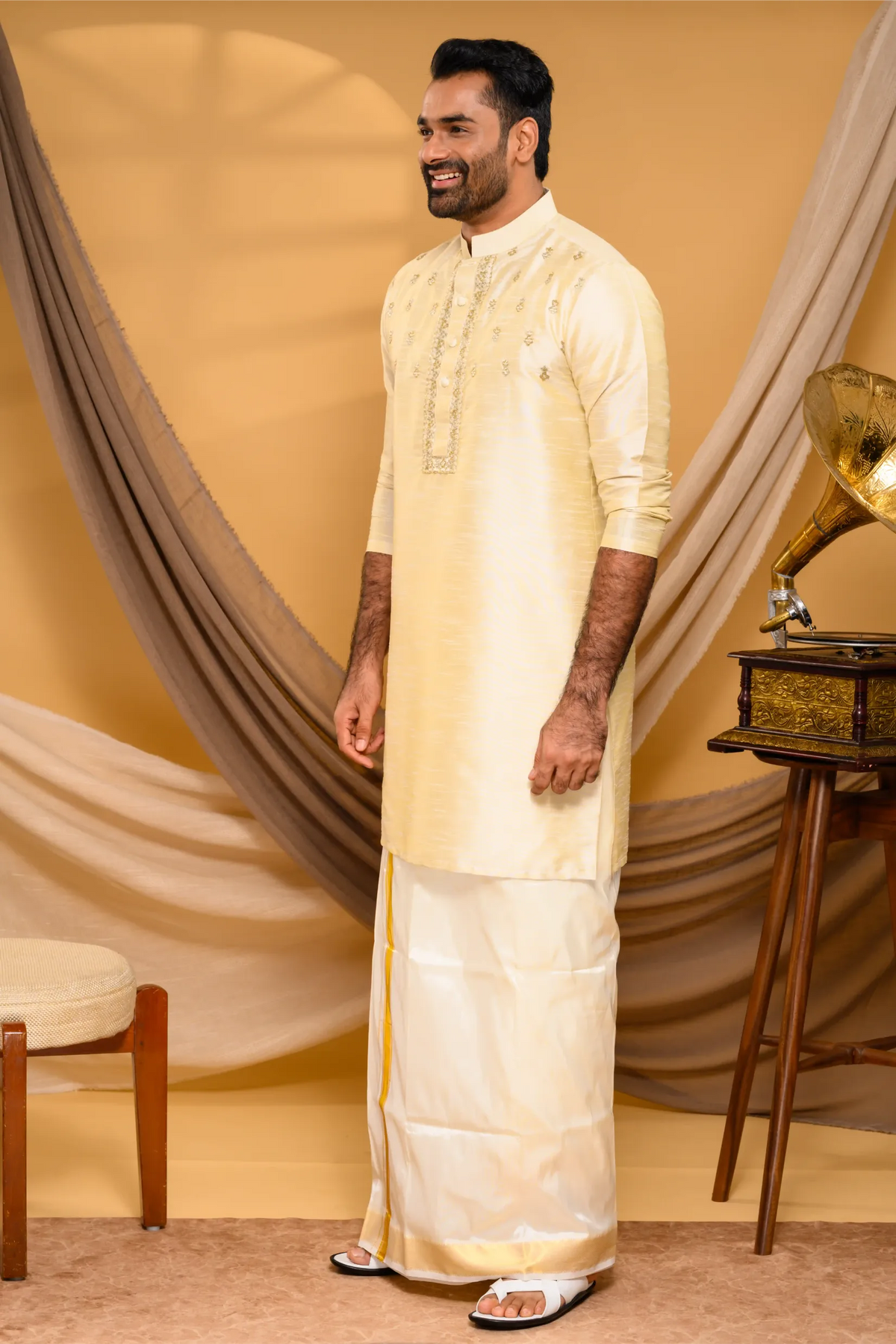 Light Golden Silk Kurta with Golden Handwork detailing on placket border & Chest (Kurta + Munde)