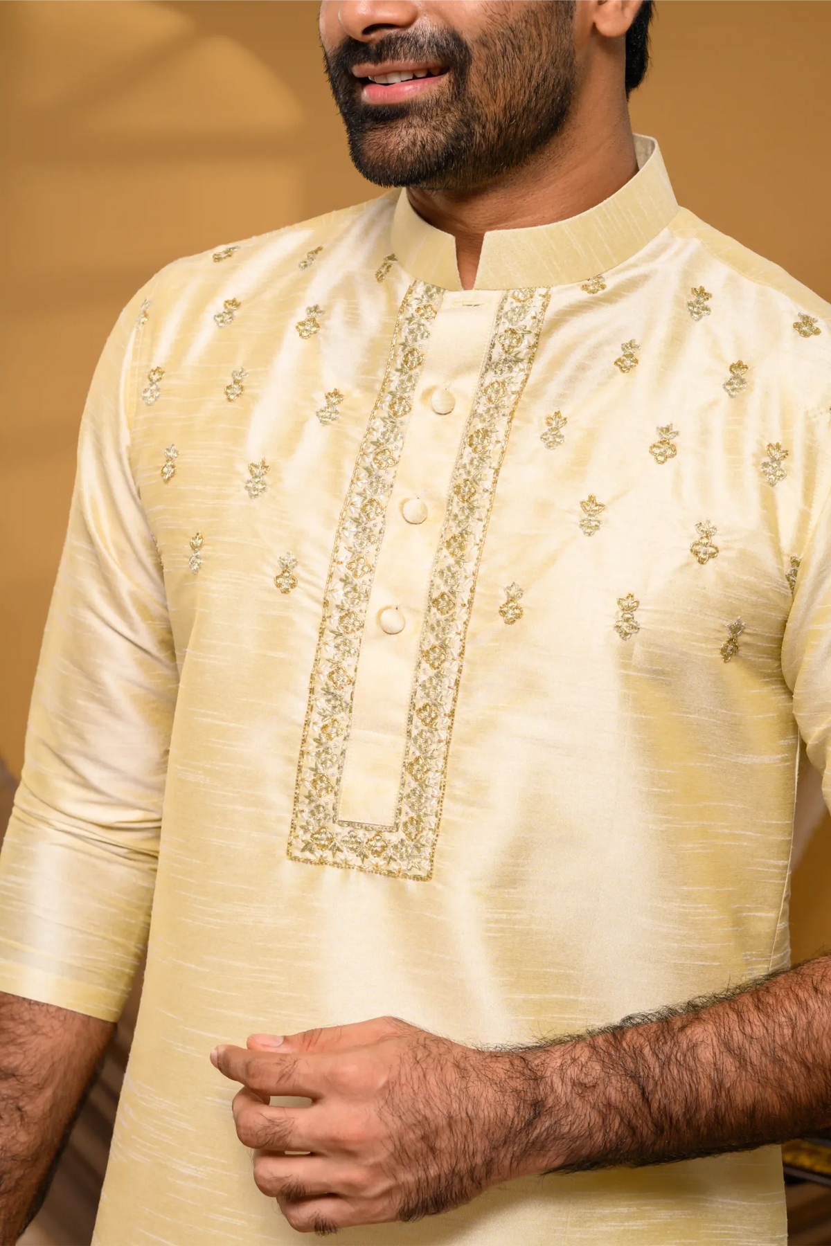 Light Golden Silk Kurta with Golden Handwork detailing on placket border & Chest (Kurta Only)