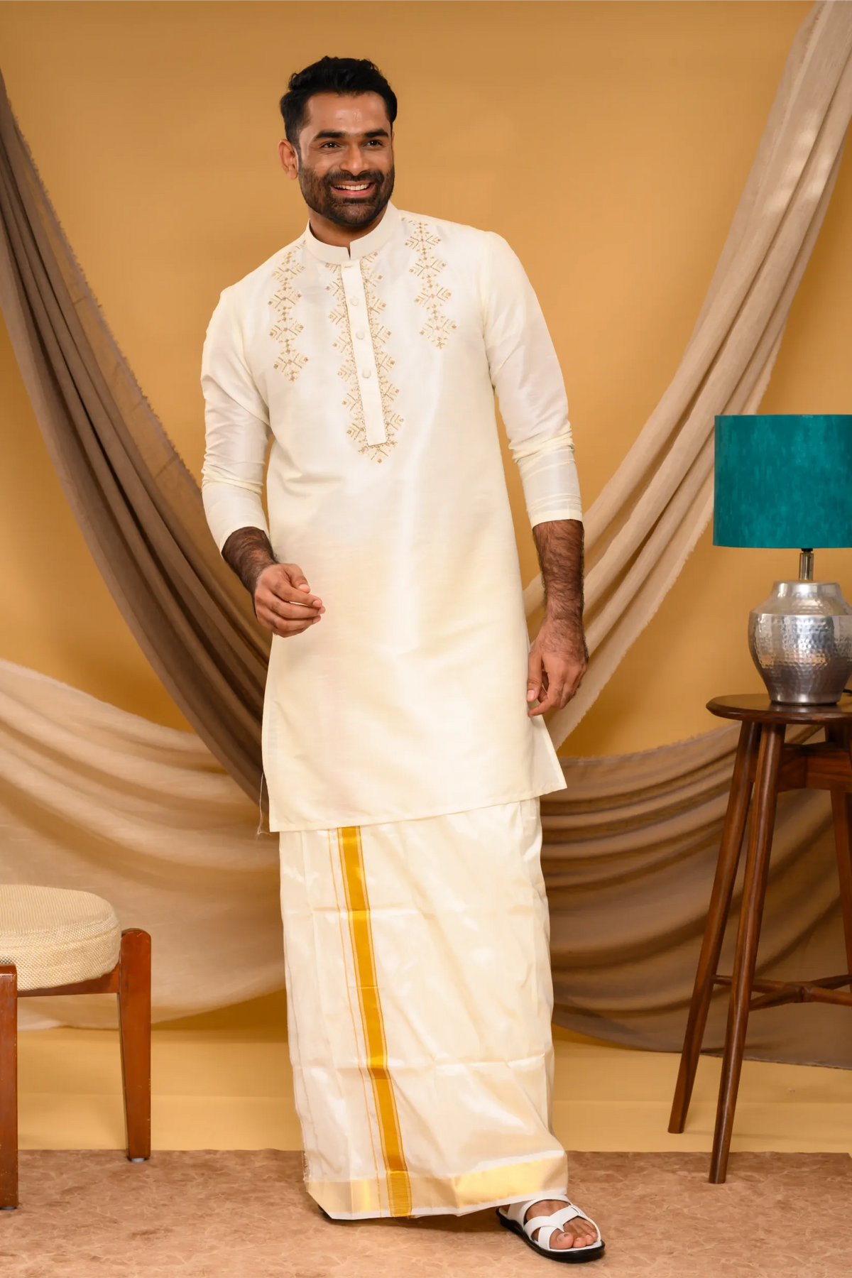 Ivory Silk Kurta with Hand Embroidery detailing on Placket & Chest (Kurta + Munde)