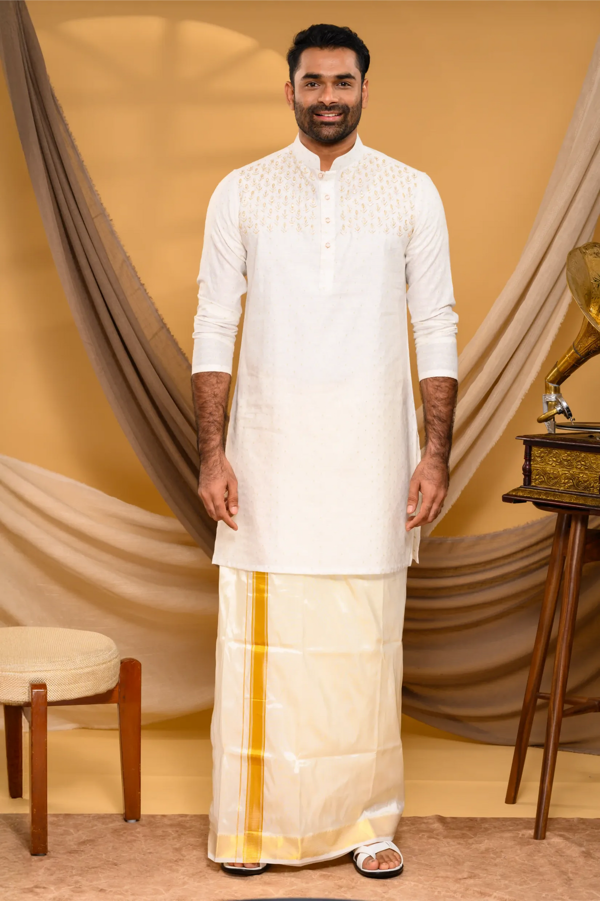 Ivory Silk Kurta with Hand Embroidery detailing only on Chest (Kurta Only)