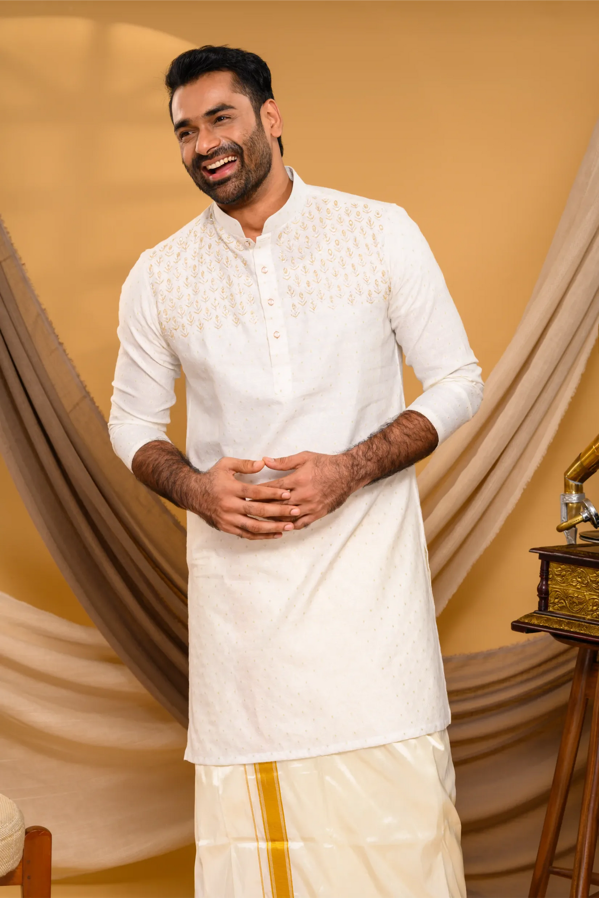 Ivory Silk Kurta with Hand Embroidery detailing only on Chest (Kurta + Munde)