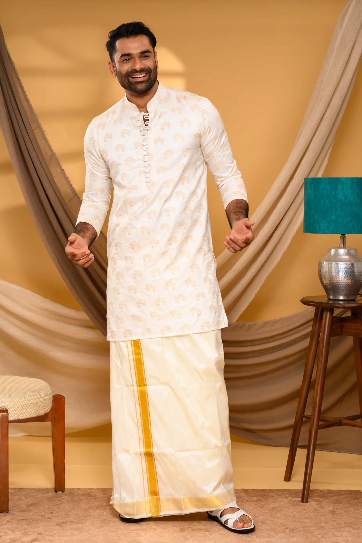 Ivory Silk Jacquard Kurta with Surface Embroidery detailing (Kurta + Munde)