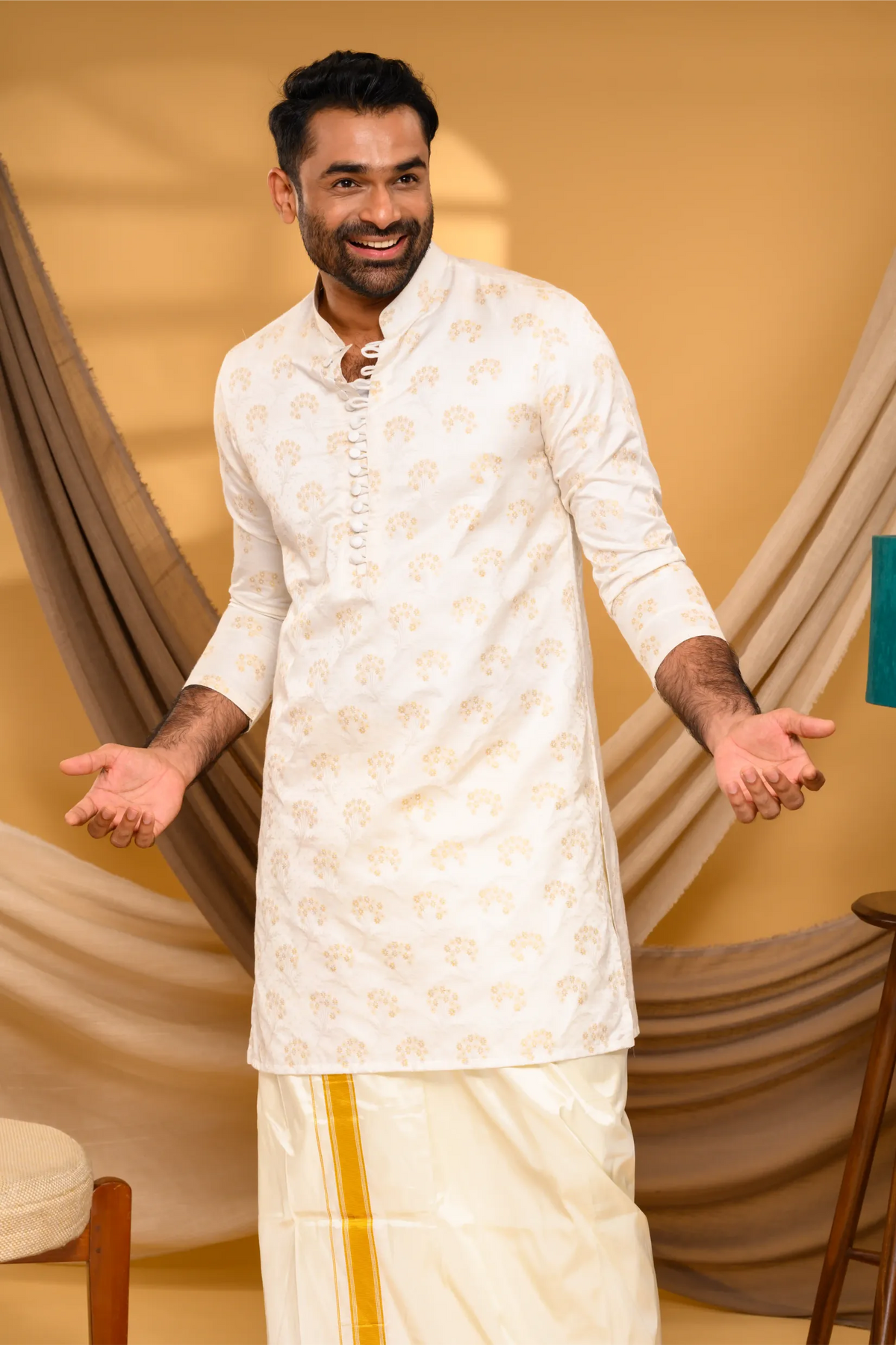 Ivory Silk Jacquard Kurta with Surface Embroidery detailing (Kurta + Munde)