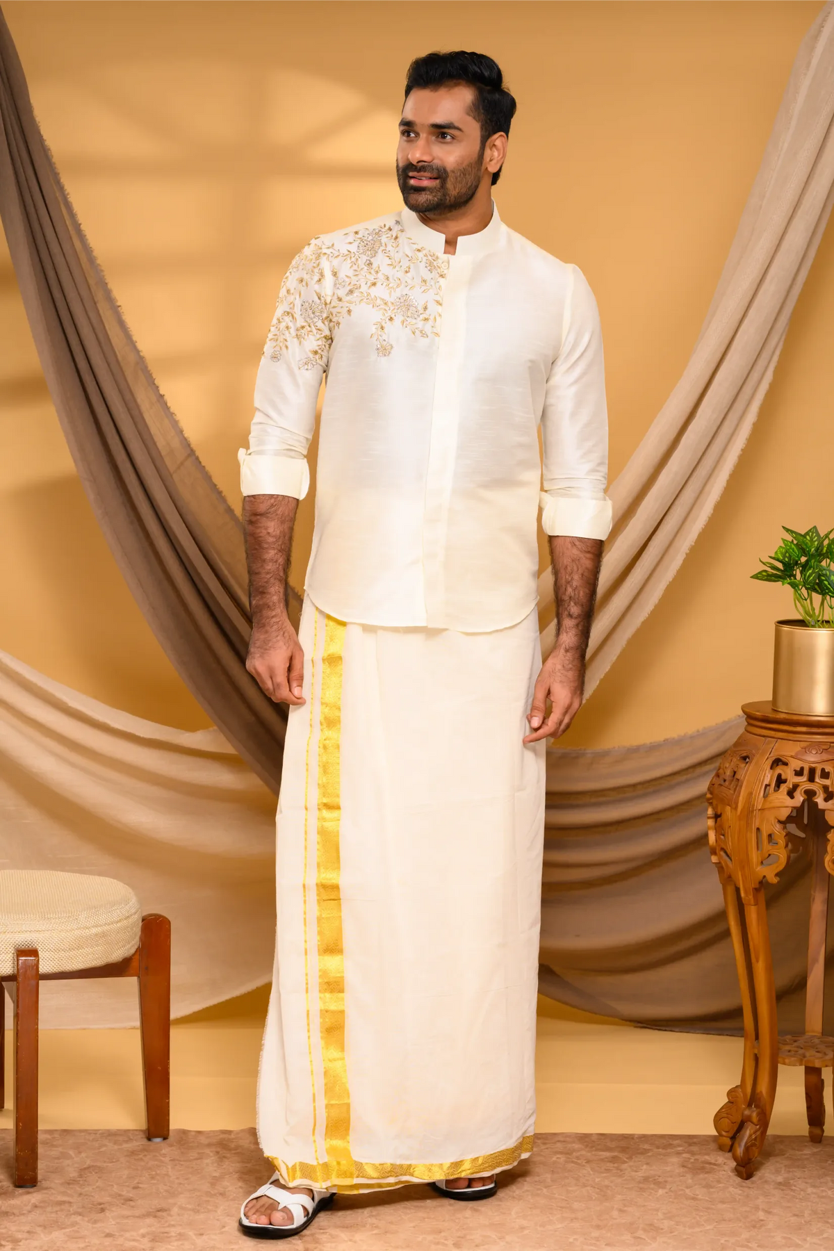 Ivory Silk Traditional Shirt with Hand Embroidery detailing on Single Side (Shirt + Munde)