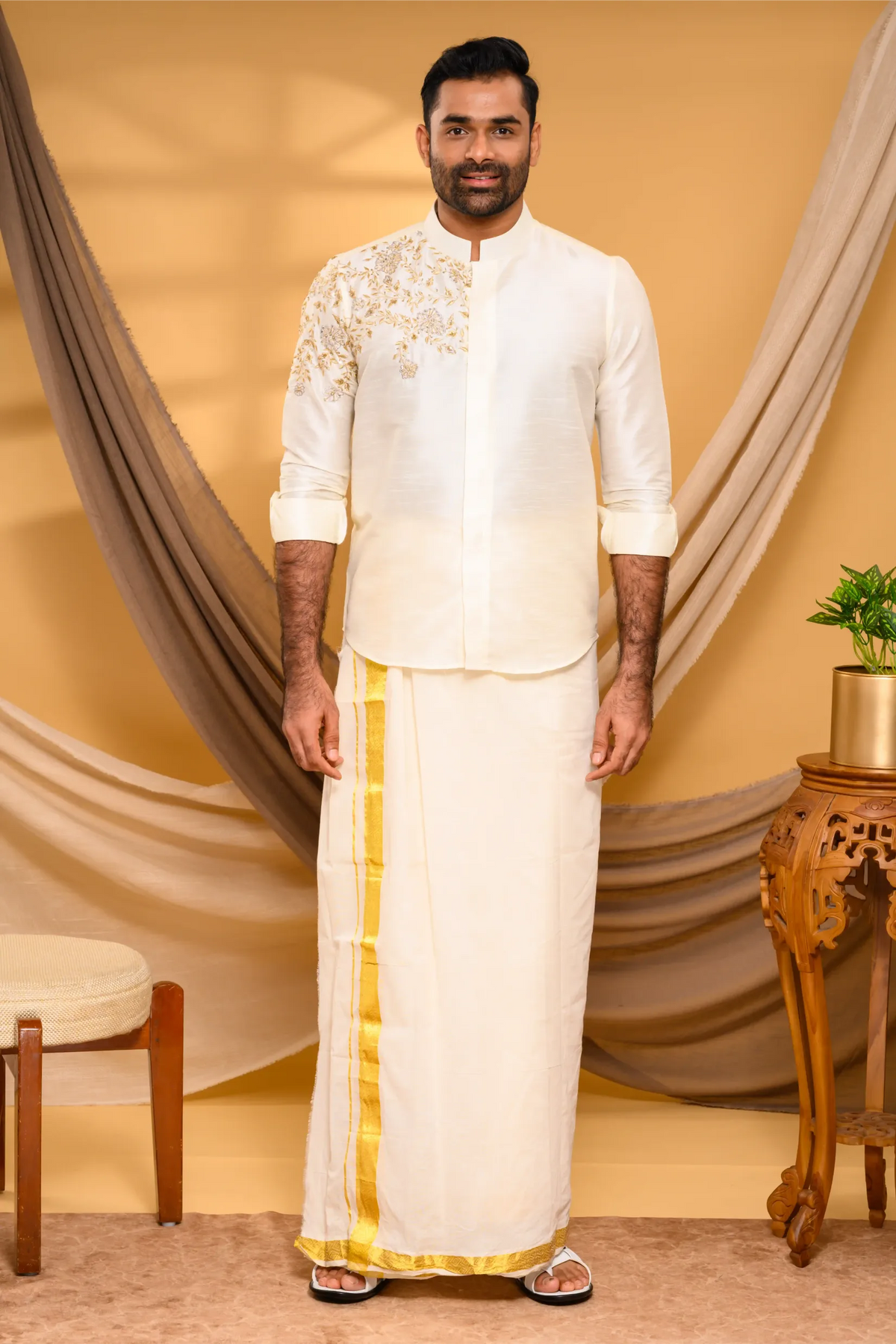Ivory Silk Traditional Shirt with Hand Embroidery detailing on Single Side (Shirt Only)
