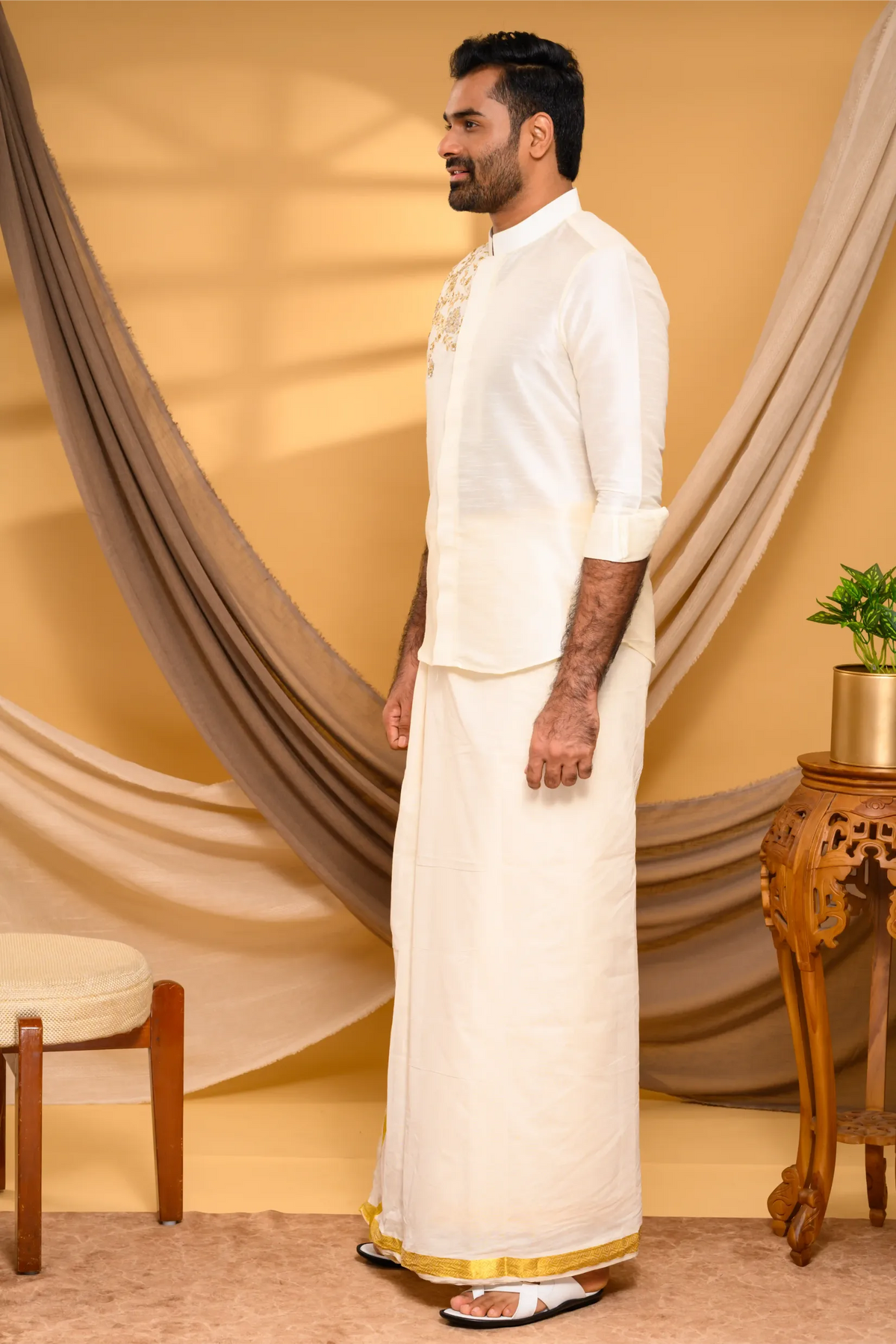 Ivory Silk Traditional Shirt with Hand Embroidery detailing on Single Side (Shirt Only)