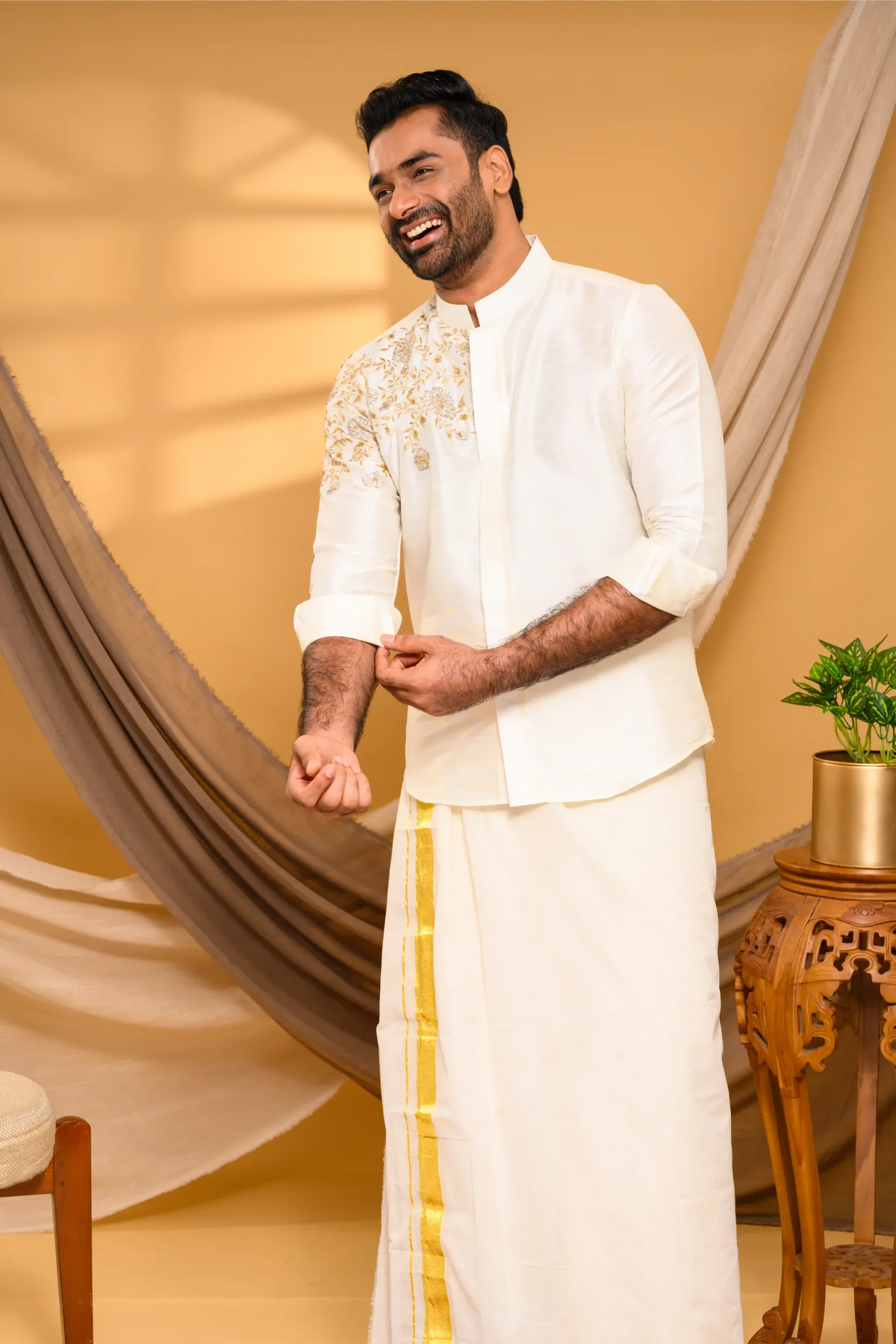 Ivory Silk Traditional Shirt with Hand Embroidery detailing on Single Side (Shirt + Munde)