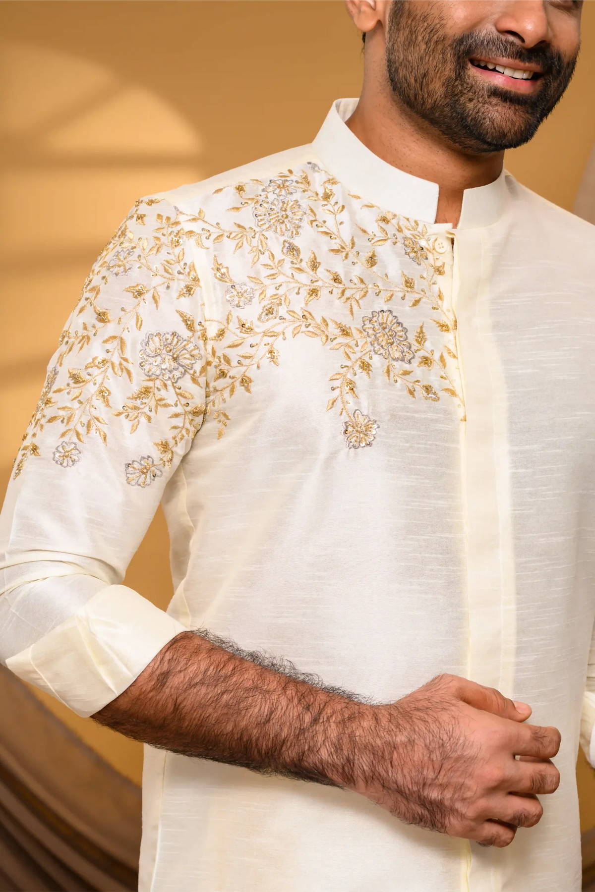 Ivory Silk Traditional Shirt with Hand Embroidery detailing on Single Side (Shirt Only)