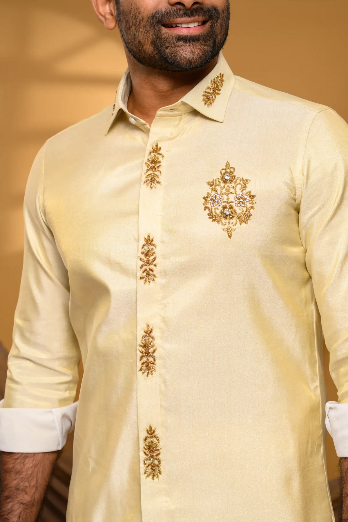 Light Golden Tissue Silk Shirt with Light Hand Embroidery Detailing (Shirt Only)