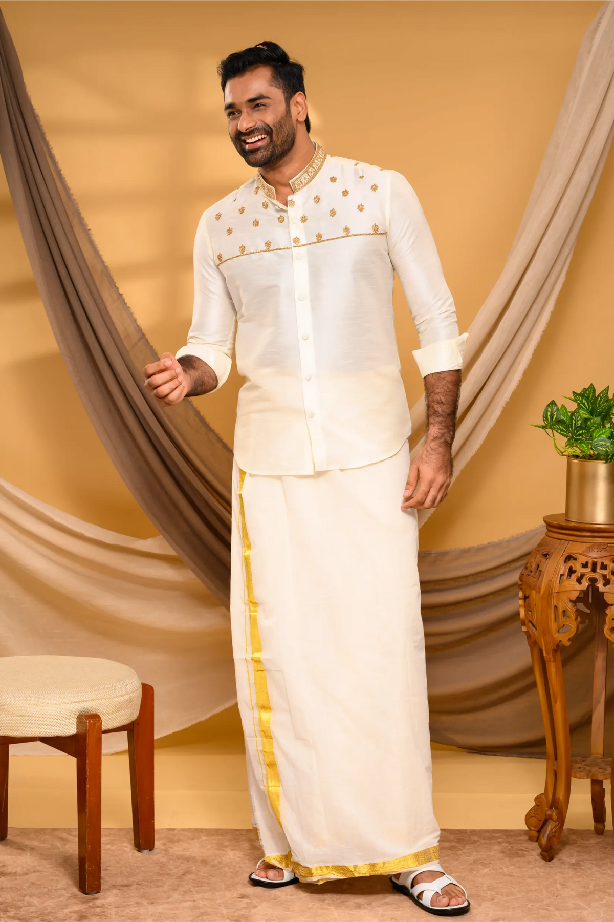 Ivory Silk Traditional Shirt with Hand Embroidery detailing on Neck & Chest (Shirt + Munde)