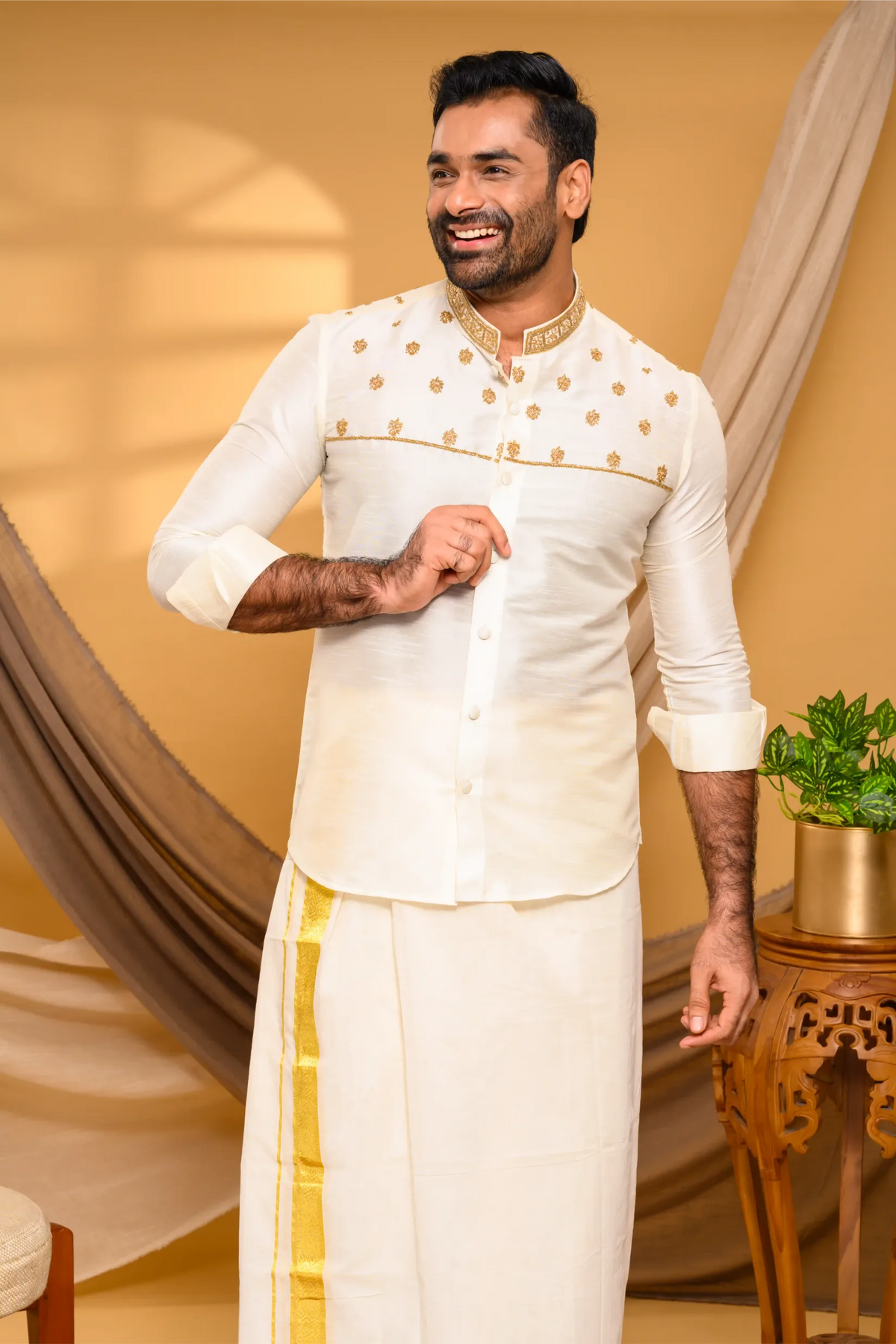 Ivory Silk Traditional Shirt with Hand Embroidery detailing on Neck & Chest (Shirt + Munde)