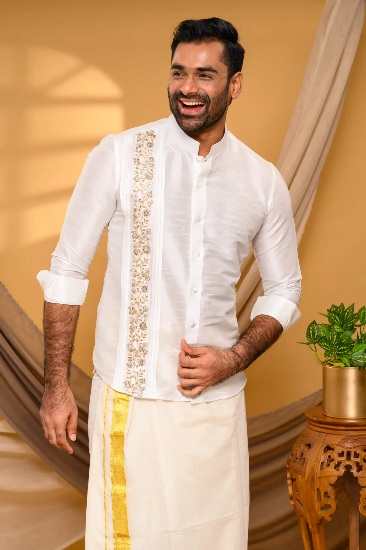 Ivory Silk Traditional Shirt with Pleats & Hand Embroidery detailing on Single Side (Shirt + Munde)