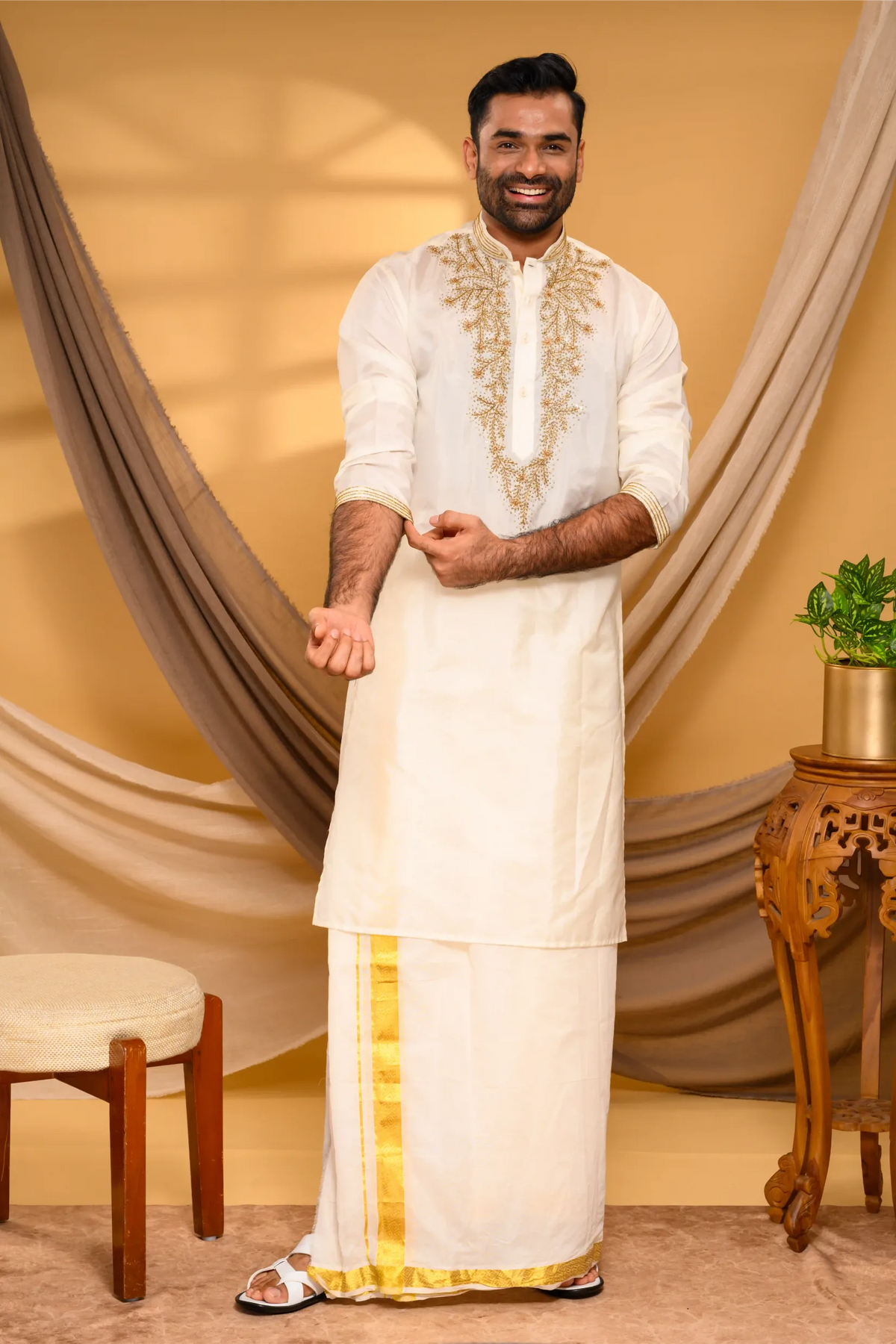 Ivory Silk Kurta with Heavy Hand Embroidery detailing on Chest - Zari Detailing on Neck & Sleeve Edge (Kurta + Munde +Melmunde)