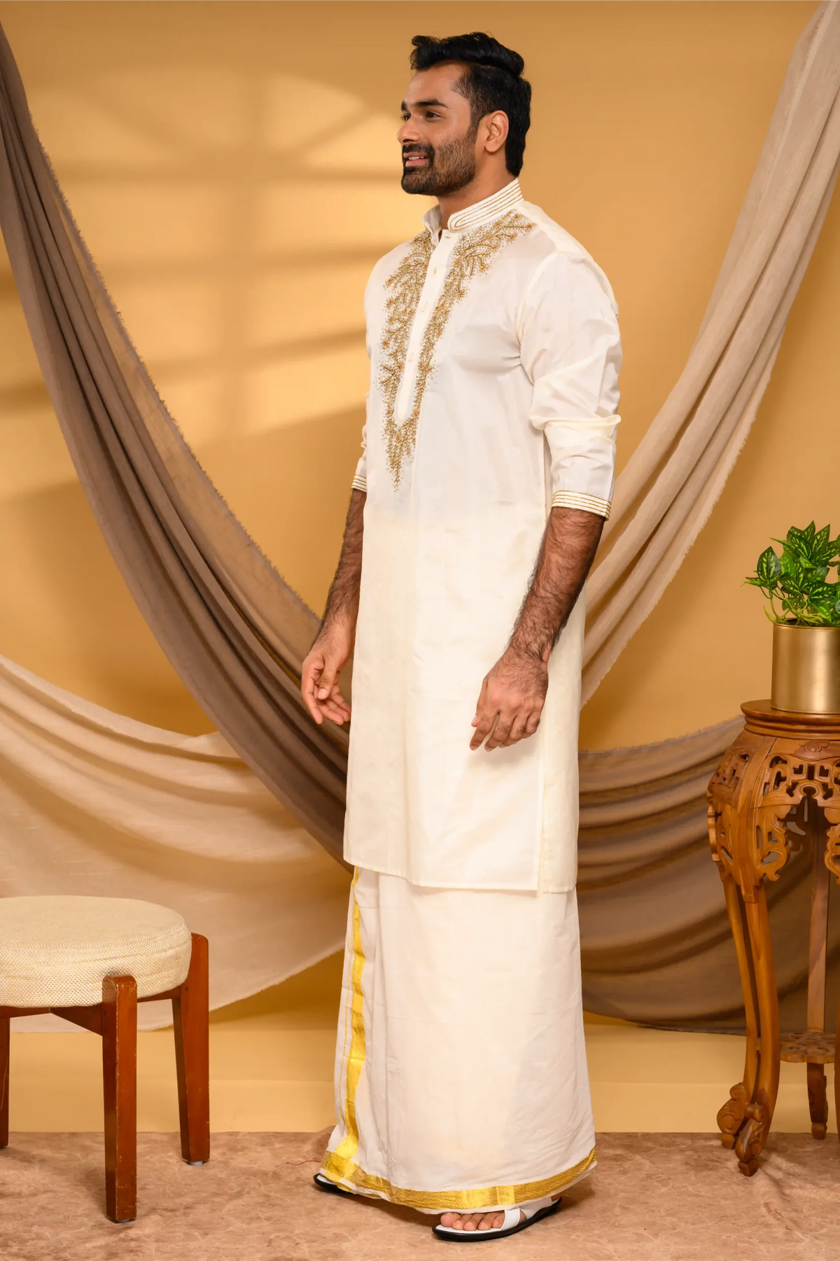 Ivory Silk Kurta with Heavy Hand Embroidery detailing on Chest - Zari Detailing on Neck & Sleeve Edge (Kurta + Munde +Melmunde)
