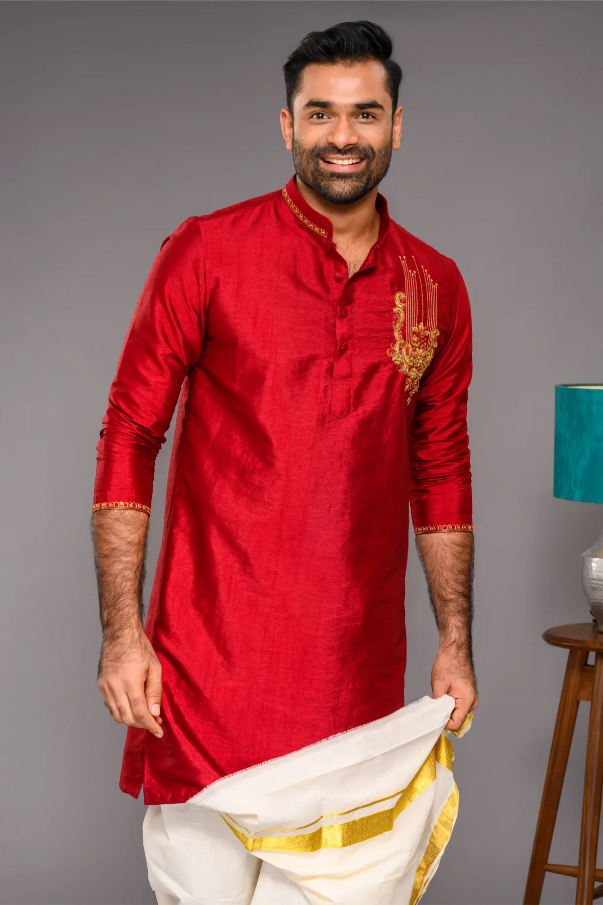 Saffron Red Silk Kurta with Hand Embroidery Motif detailing on Chest - Zari Detailing on Neck & Sleeve Edge (Kurta + Munde)