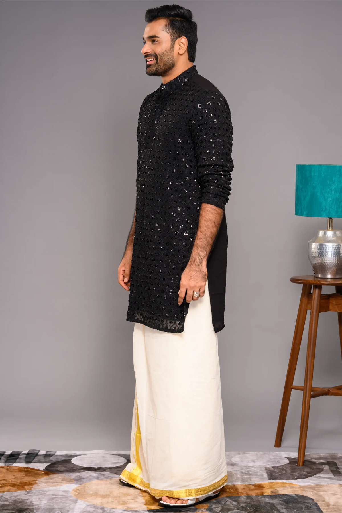 Designer Black Kurta with Glossy Self Surface Embroidery (Kurta + Munde)