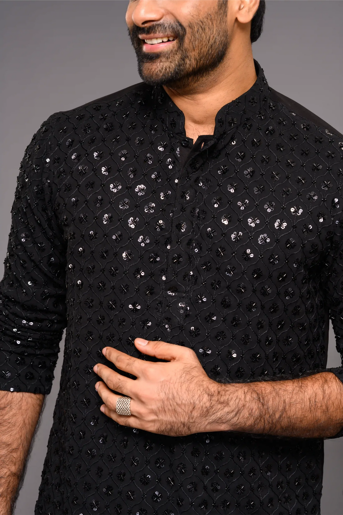 Designer Black Kurta with Glossy Self Surface Embroidery (Kurta Only)