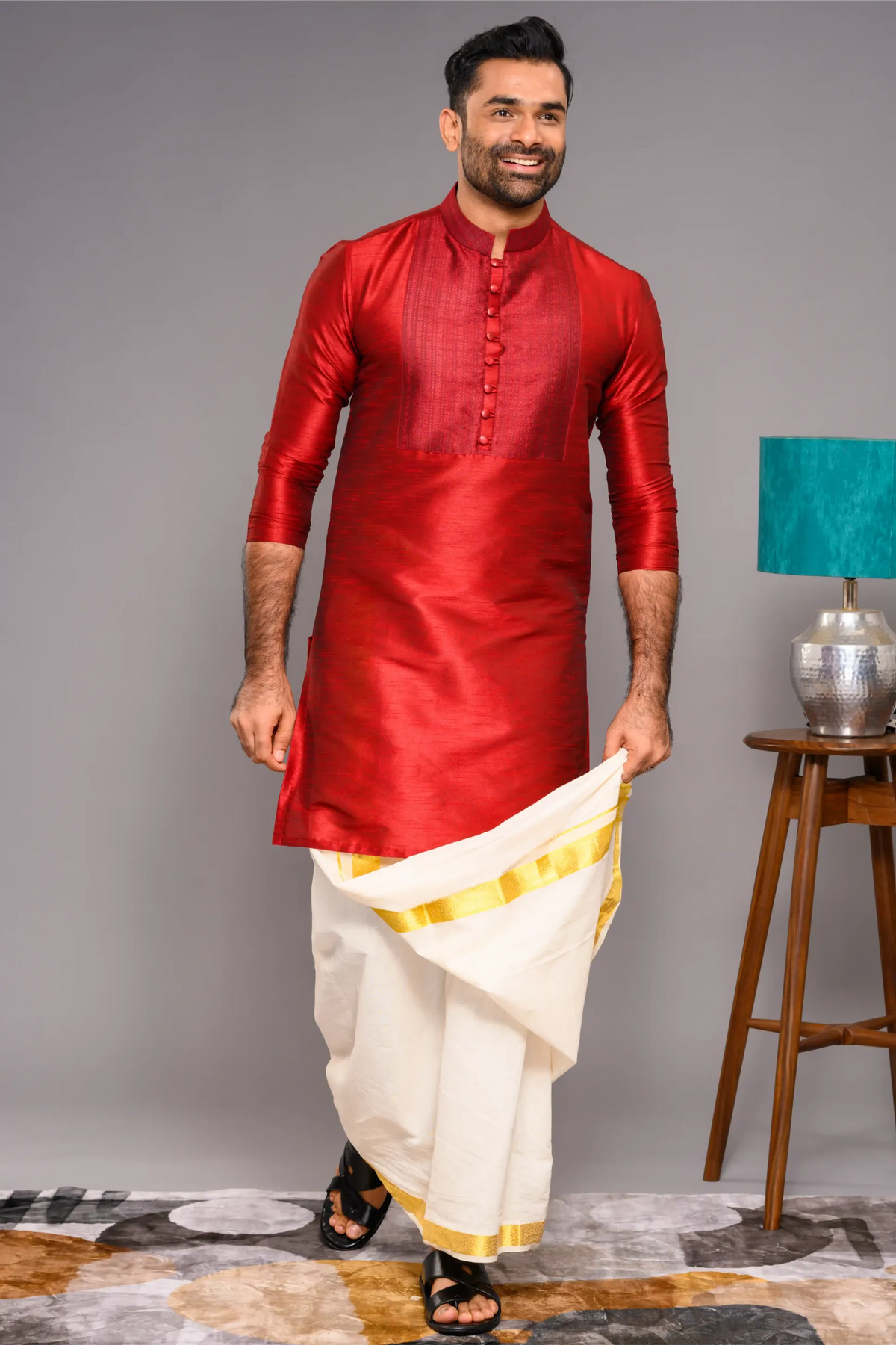 Cadmium Red Silk Kurta with contrast self design detailing on chest (Kurta + Munde)