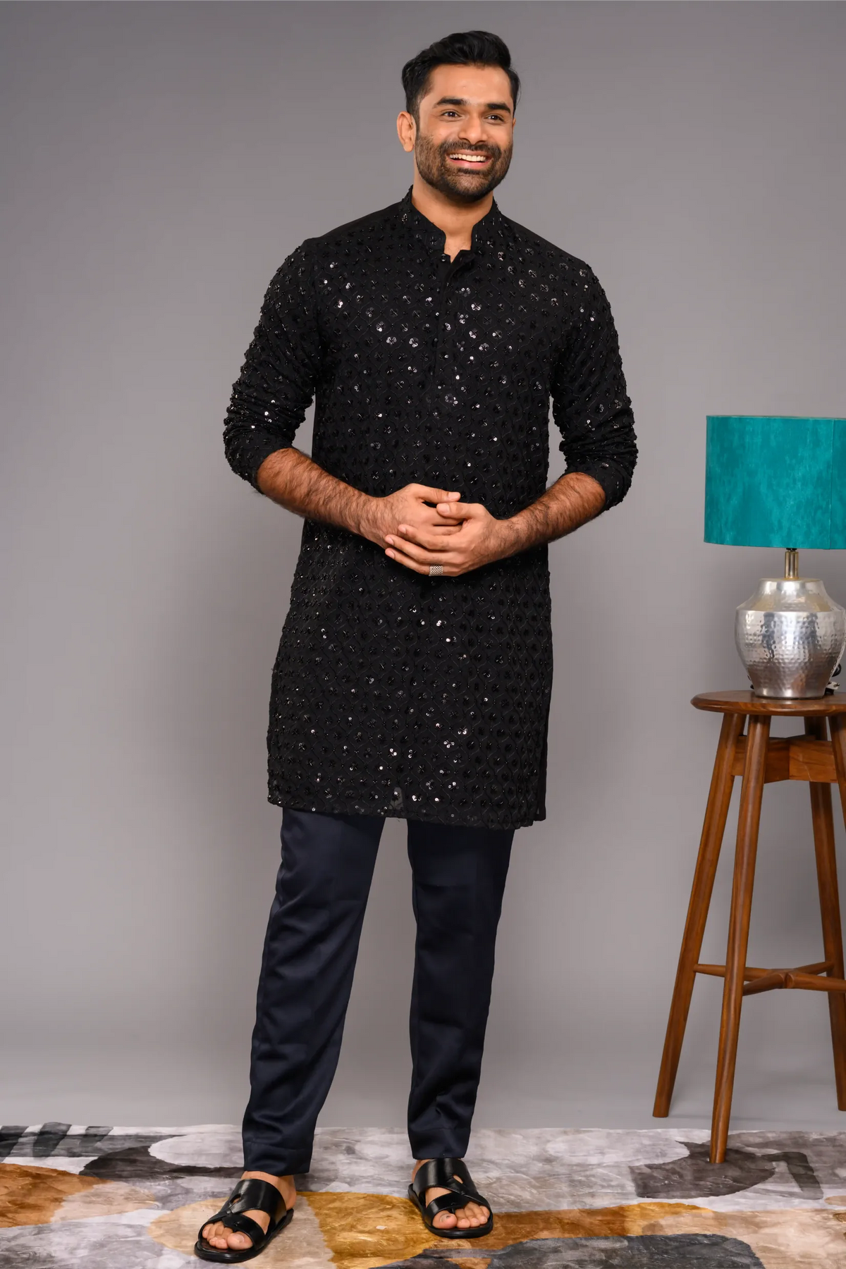 Designer Black Kurta with Glossy Self Surface Embroidery (Kurta + Narrow Pants)
