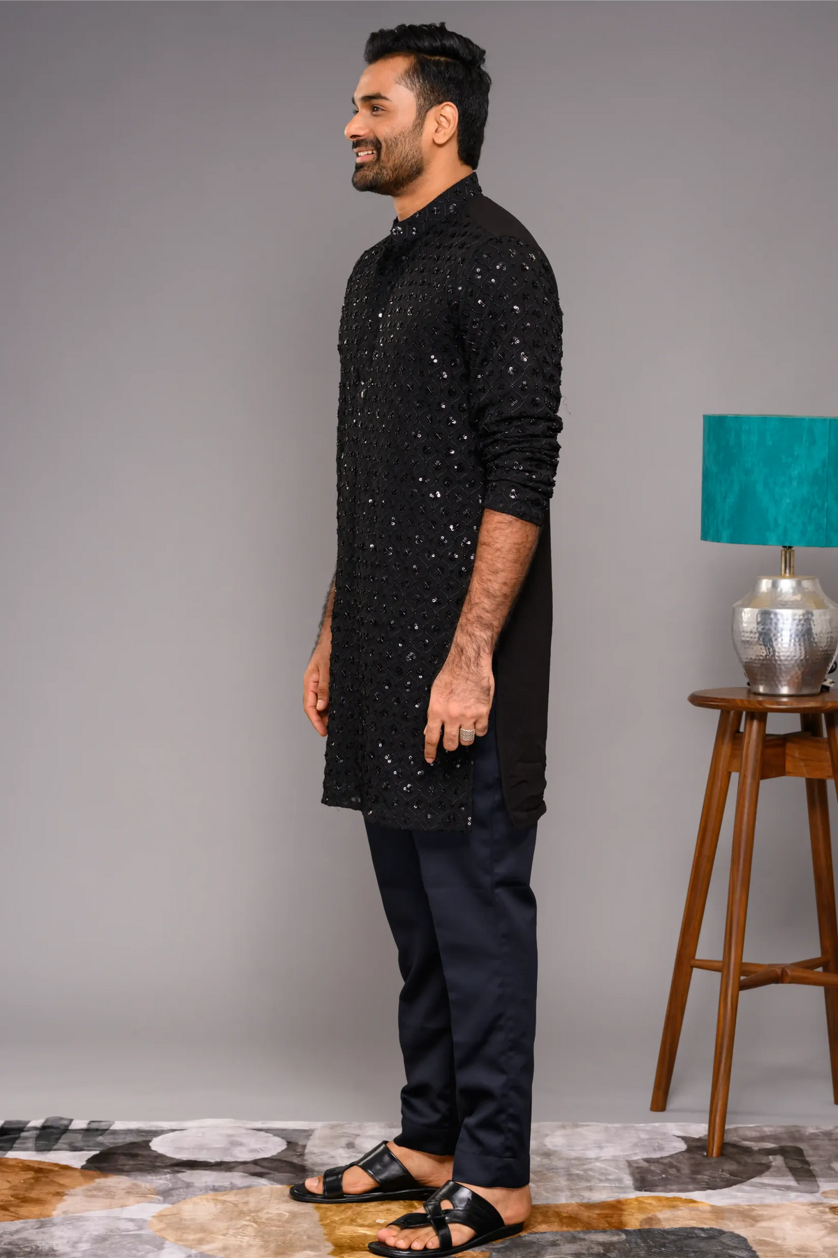 Designer Black Kurta with Glossy Self Surface Embroidery (Kurta + Narrow Pants)