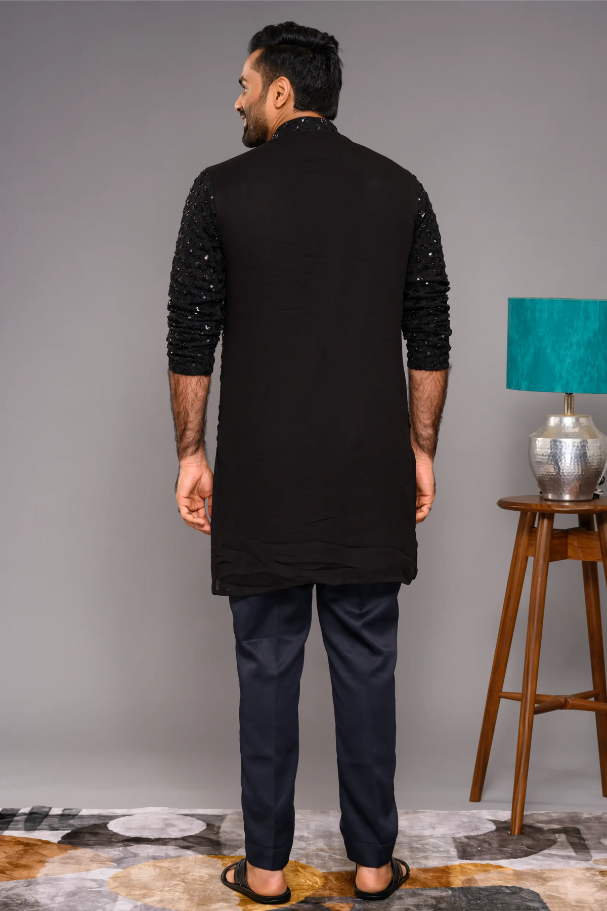 Designer Black Kurta with Glossy Self Surface Embroidery (Kurta + Narrow Pants)