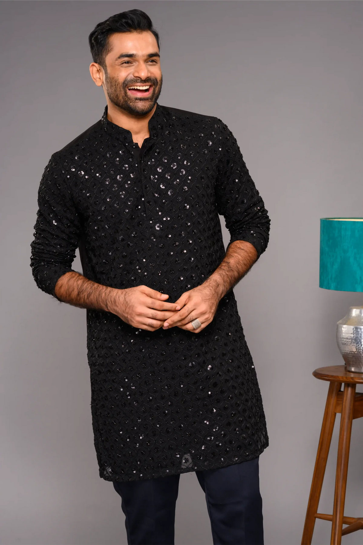 Designer Black Kurta with Glossy Self Surface Embroidery (Kurta + Narrow Pants)
