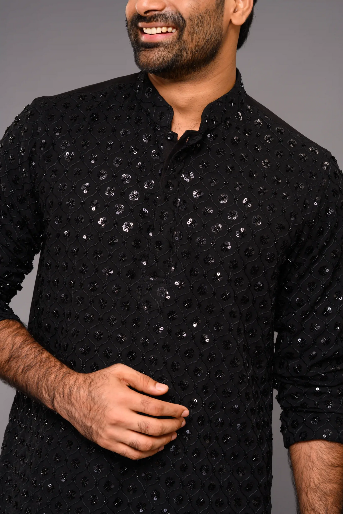 Designer Black Kurta with Glossy Self Surface Embroidery (Kurta + Narrow Pants)