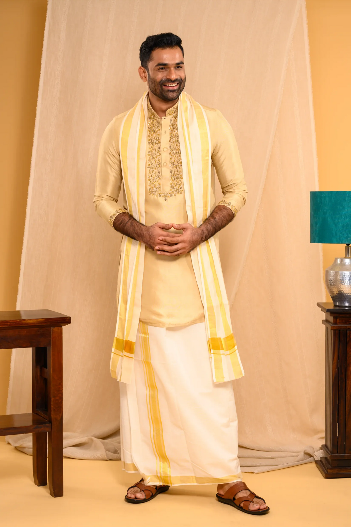 Light Golden Silk Kurta with Heavy Golden Handwork detailing on wide placket border & sleeve edge (Kurta Only)